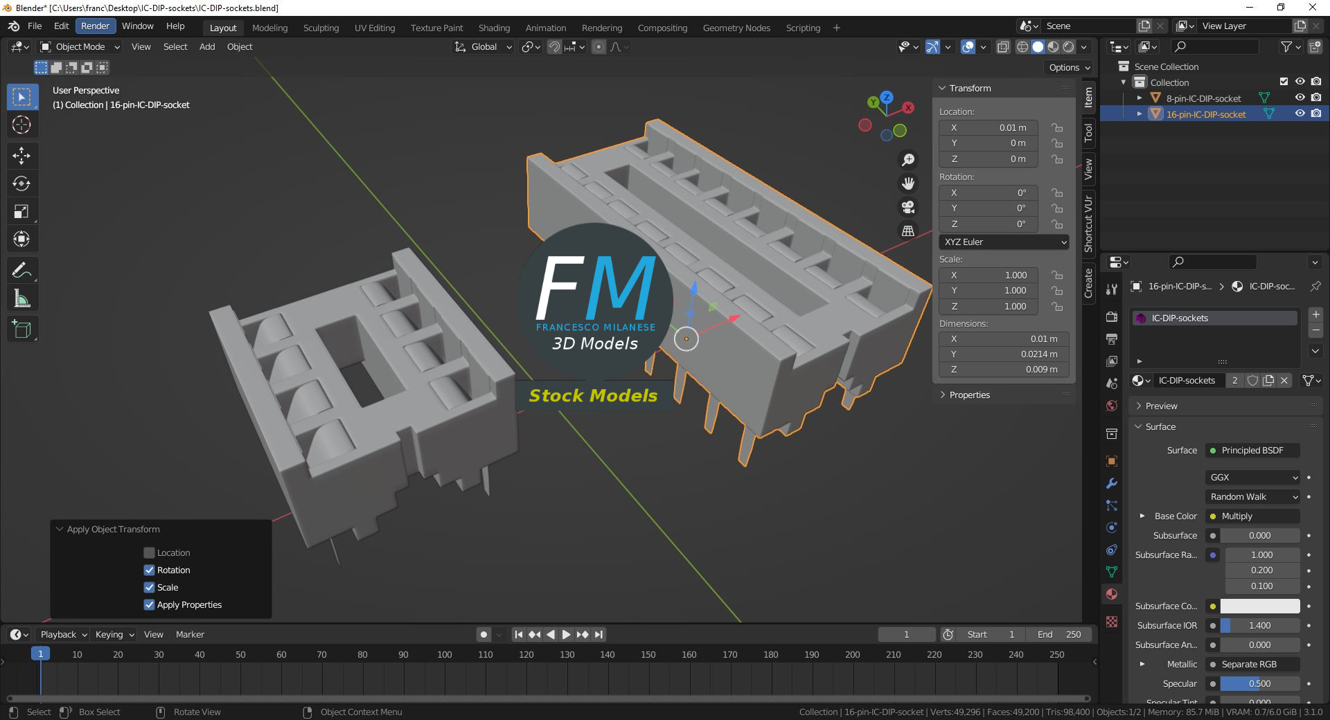 3D-Modell - DIP-IC-Sockel mit 8 und 16 Pins - 09