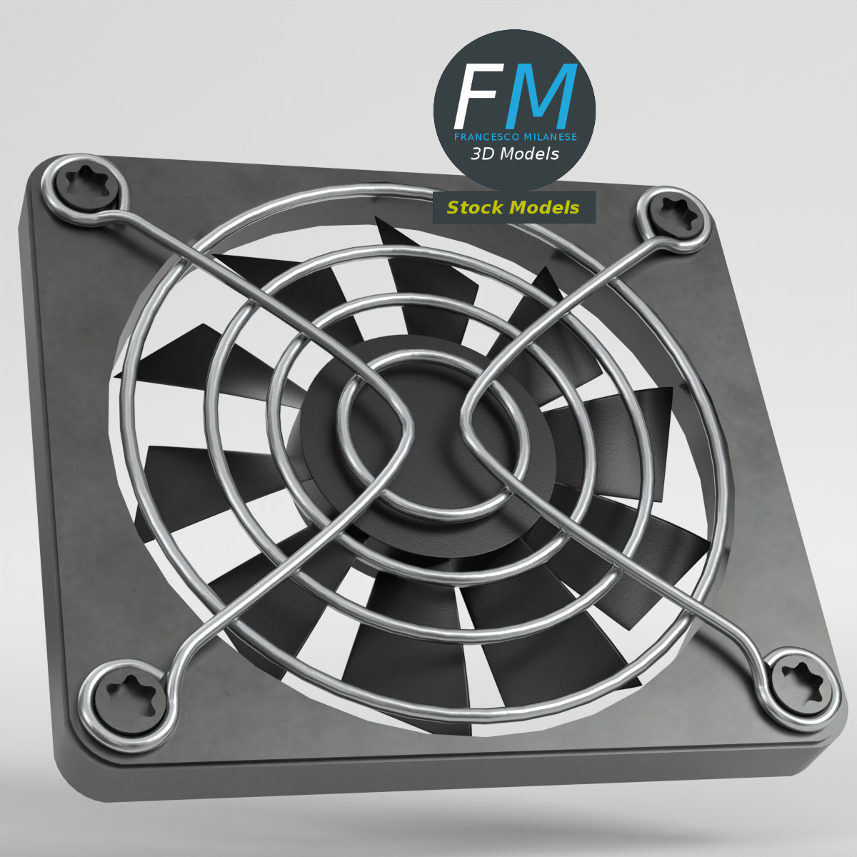 3D-Modell - Kühlventilator mit Schutzgitter und Schrauben - 01
