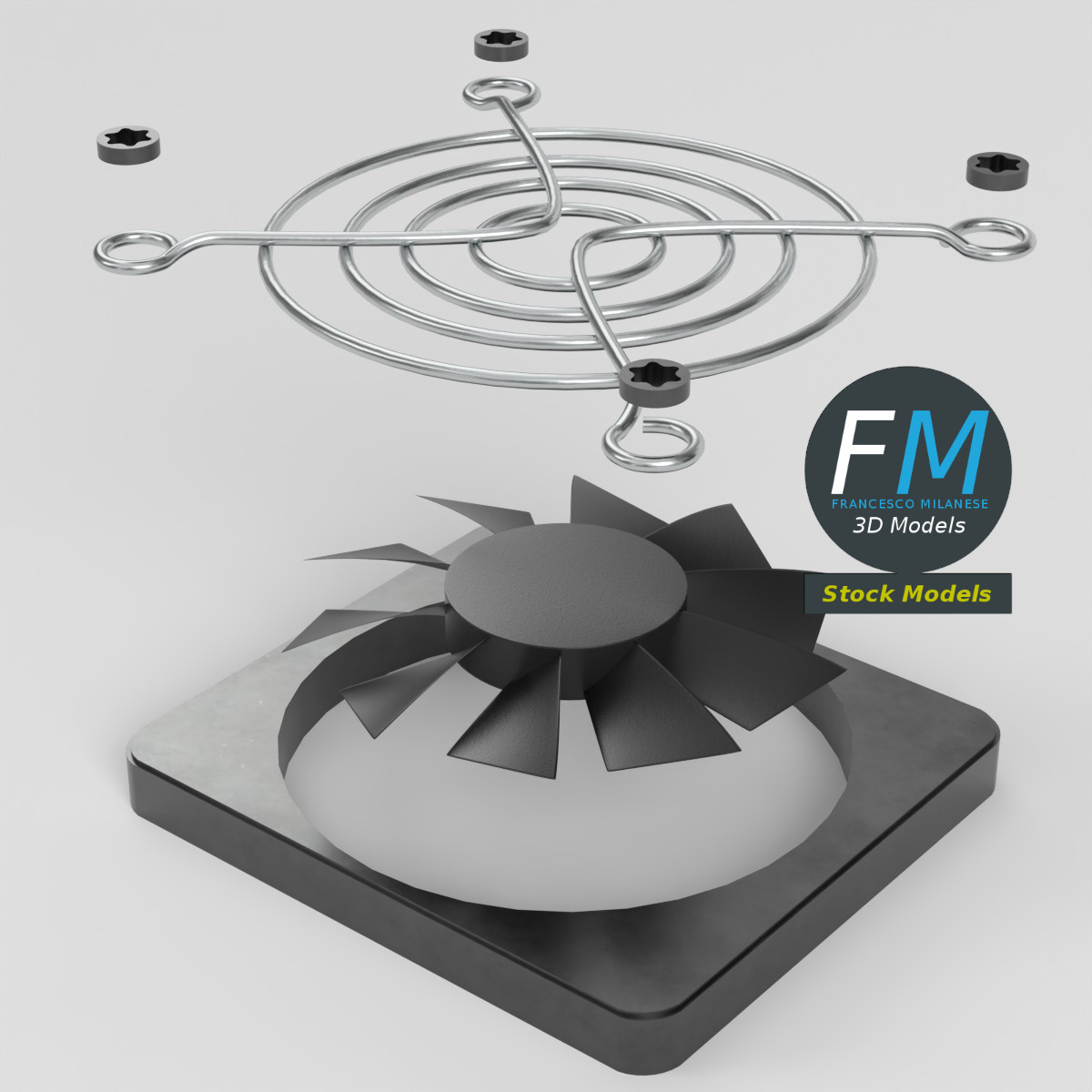 3D-Modell - Kühlventilator mit Schutzgitter und Schrauben - 02