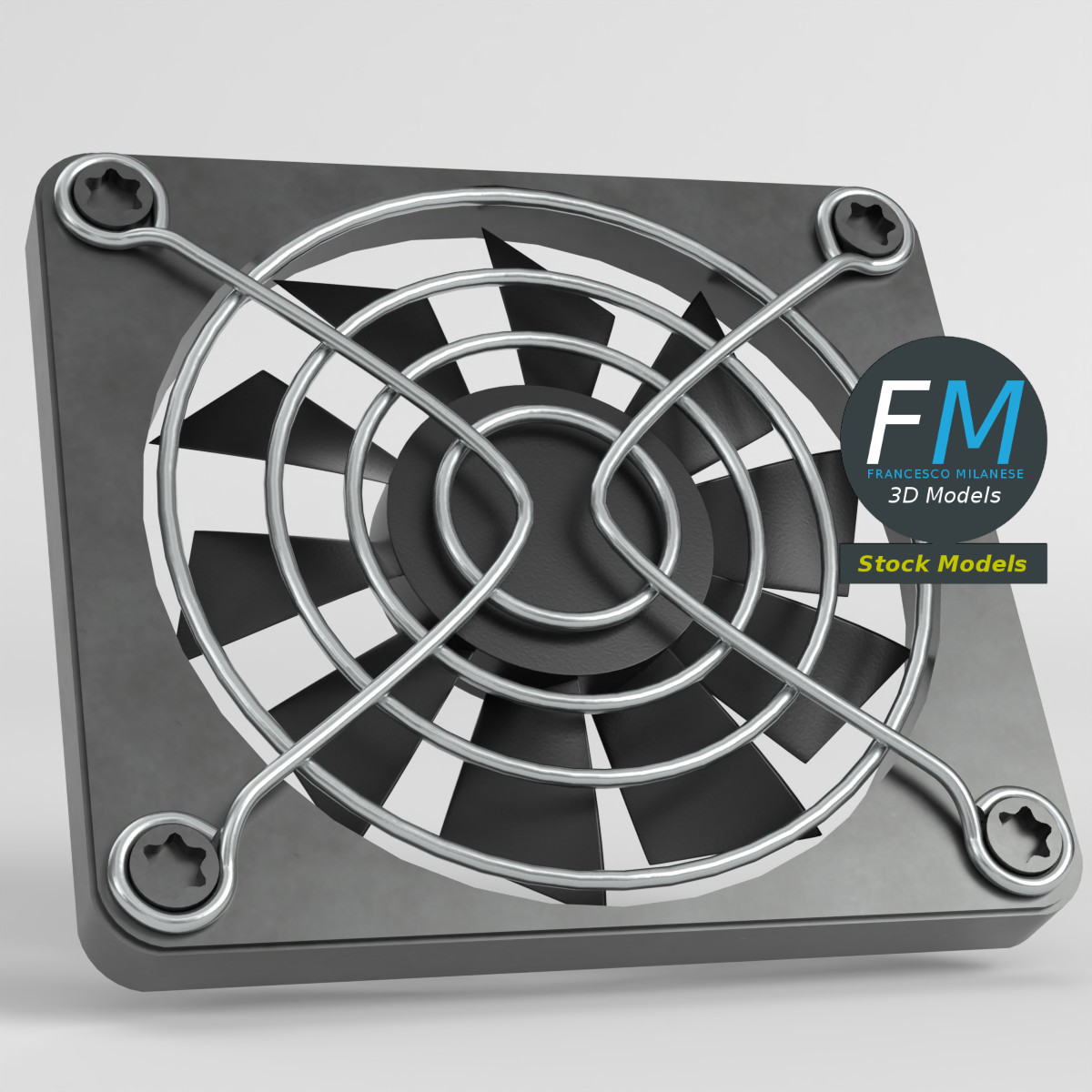 3D-Modell - Kühlventilator mit Schutzgitter und Schrauben - 03