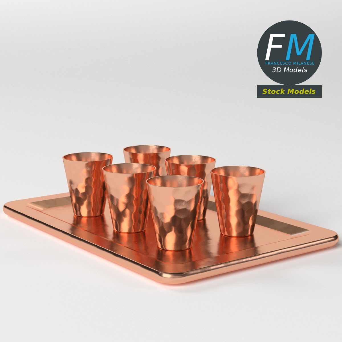 3D-Modell - Kupfer-Shotgläser auf Tablett - 01