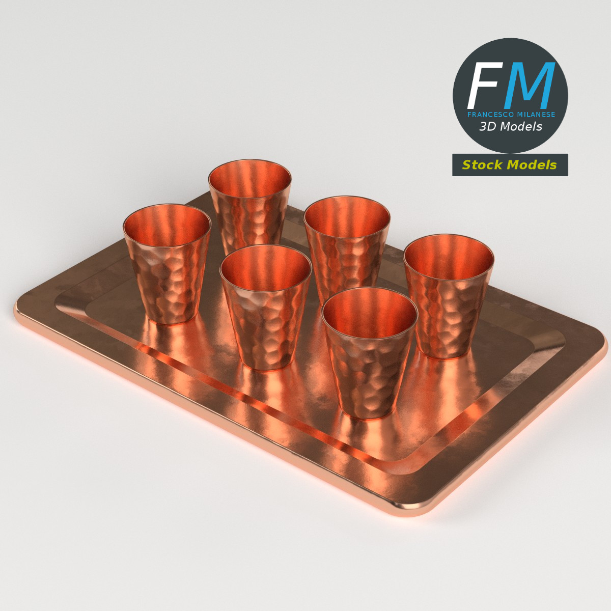 3D-Modell - Kupfer-Shotgläser auf Tablett - 02