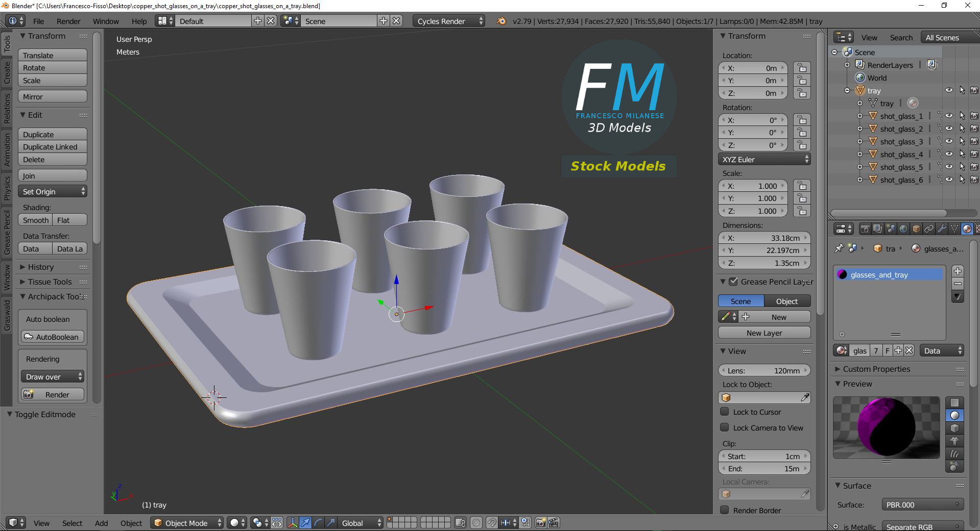 3D-Modell - Kupfer-Shotgläser auf Tablett - 09