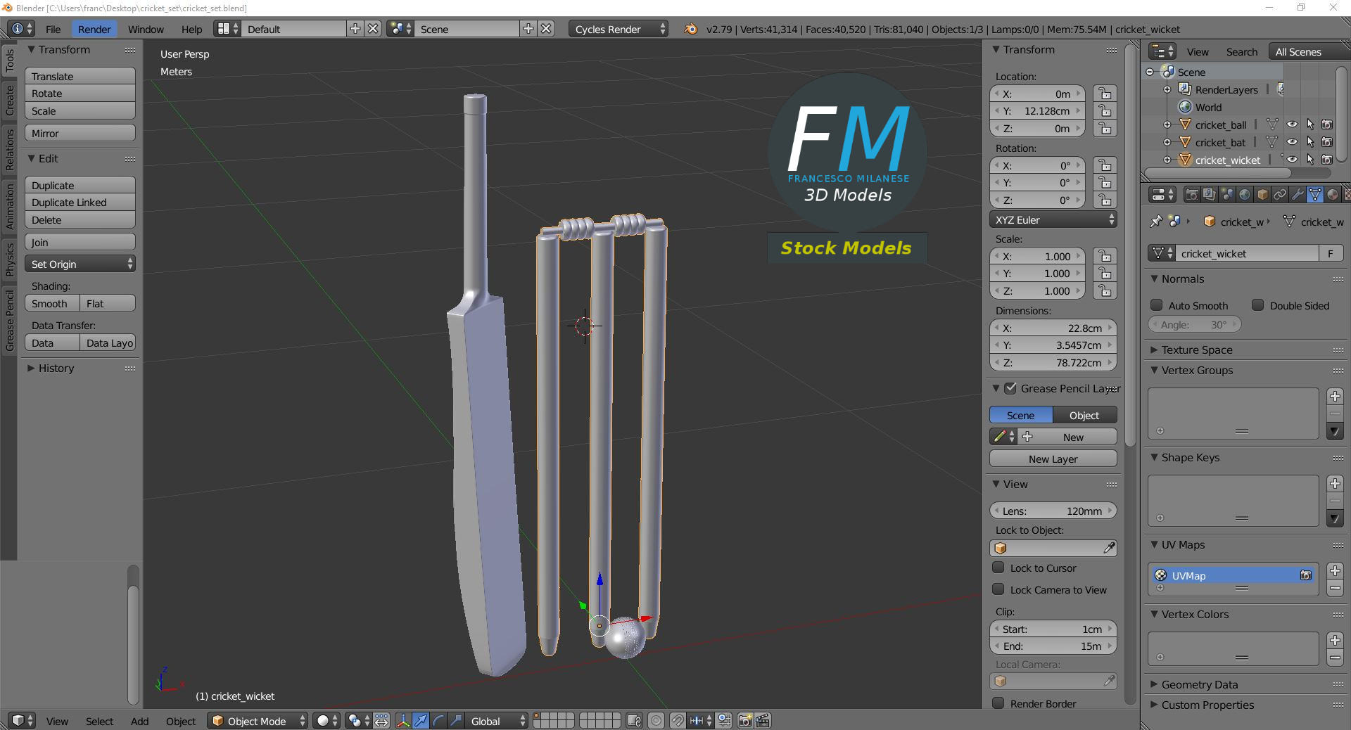 3D-Modell - Cricket-Set - 09