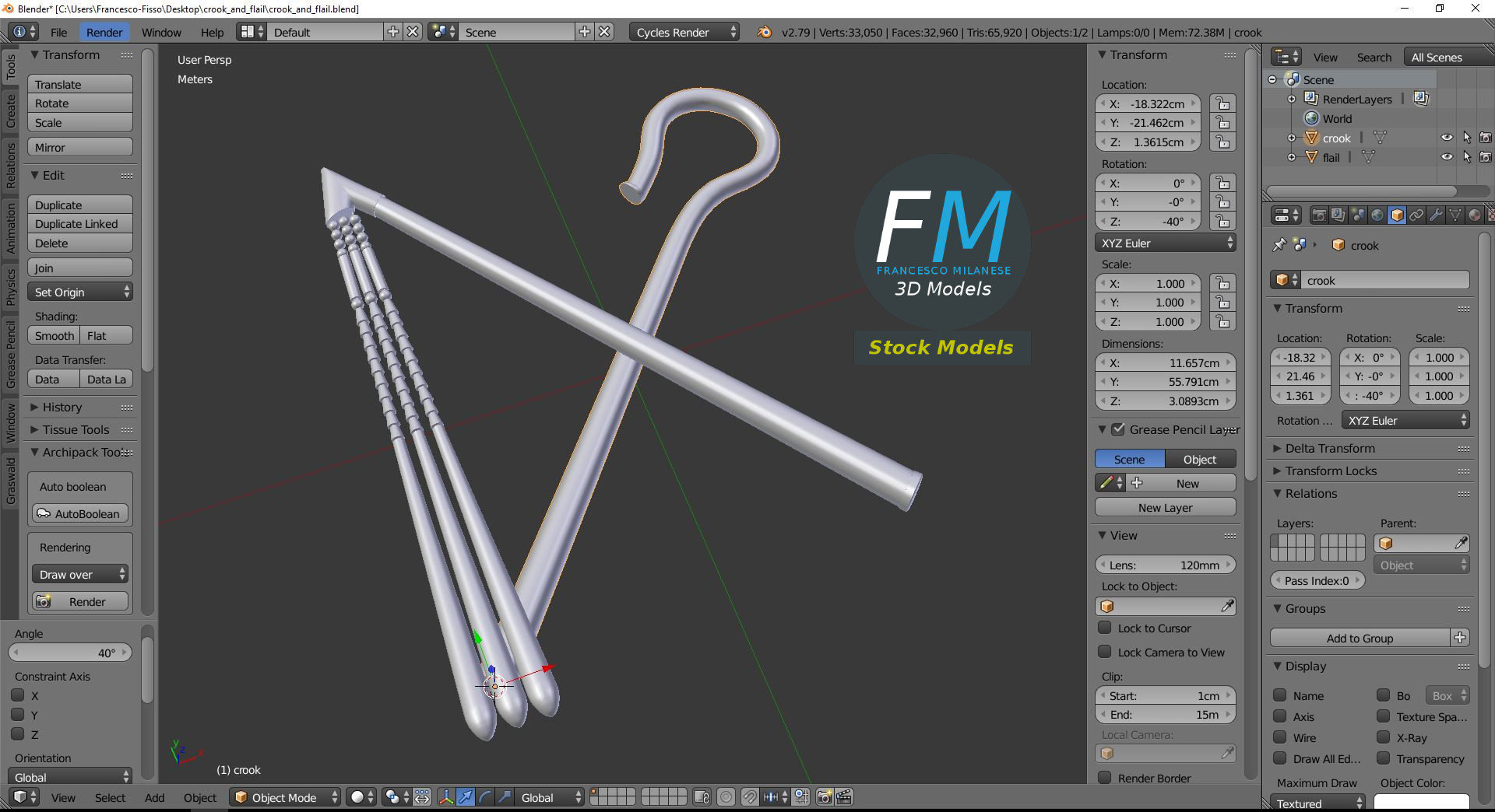 3D-Modell - Ägyptischer Hirtenstab und Dreschflegel - 09