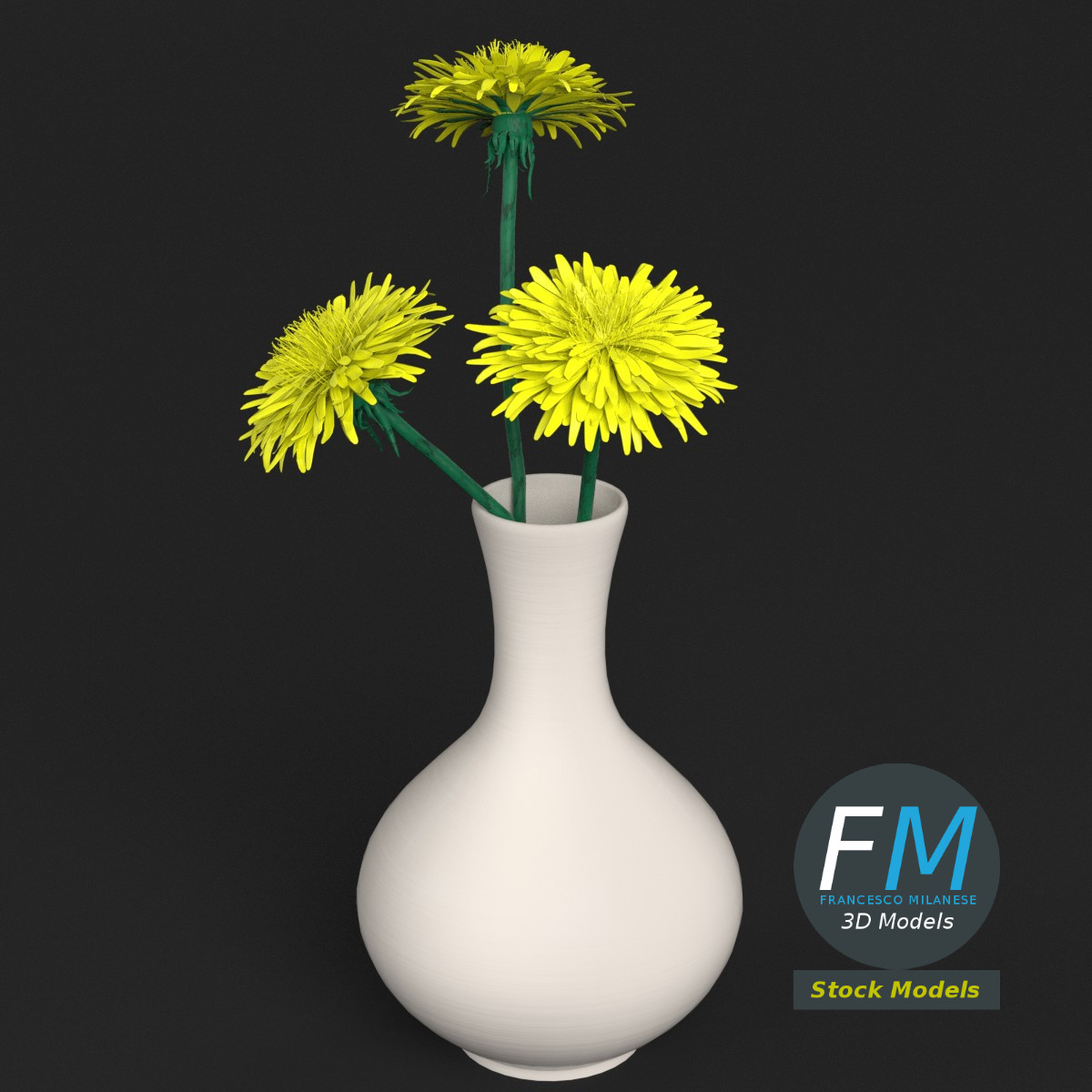 3D-Modell - Löwenzahnblüten in einer Vase - 02