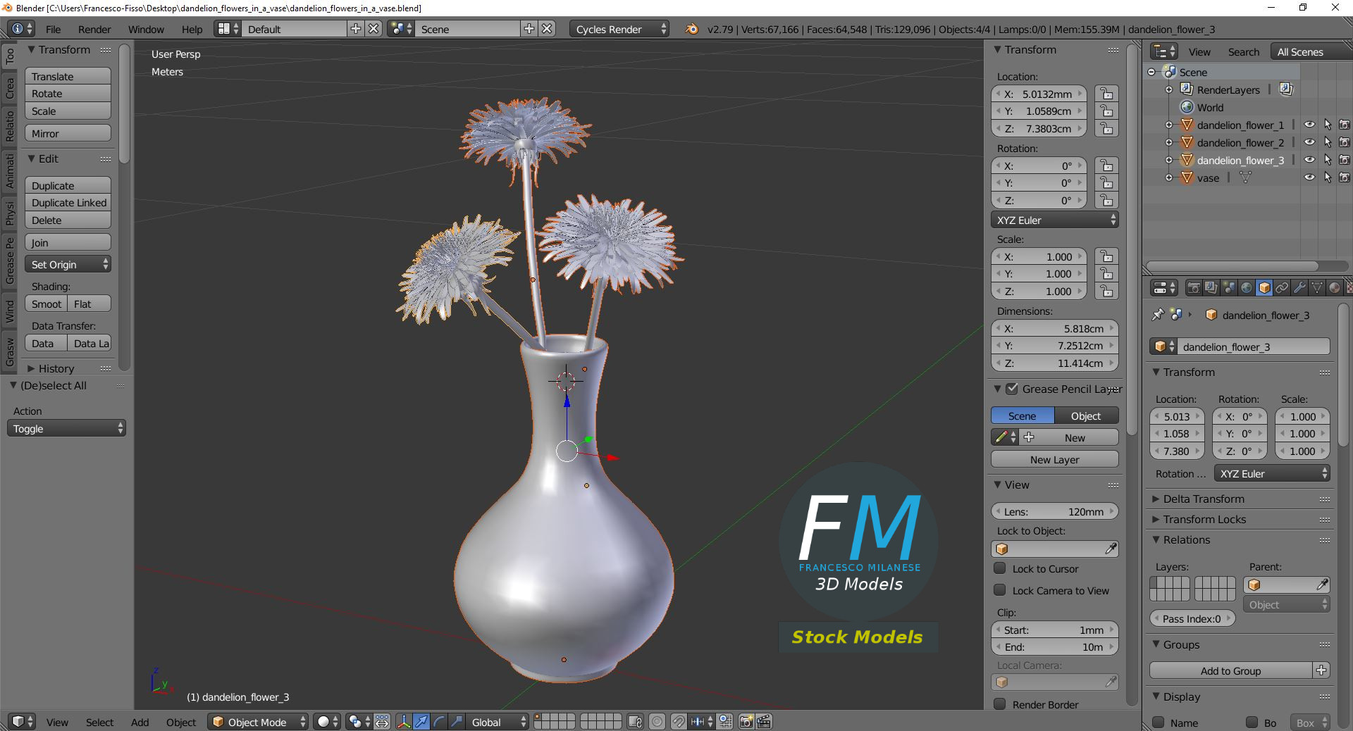 3D-Modell - Löwenzahnblüten in einer Vase - 09