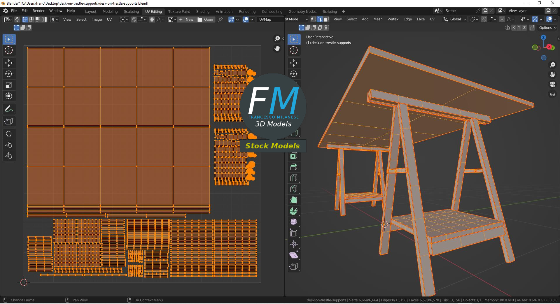 3D-Modell - Schreibtisch auf Böcken - 10