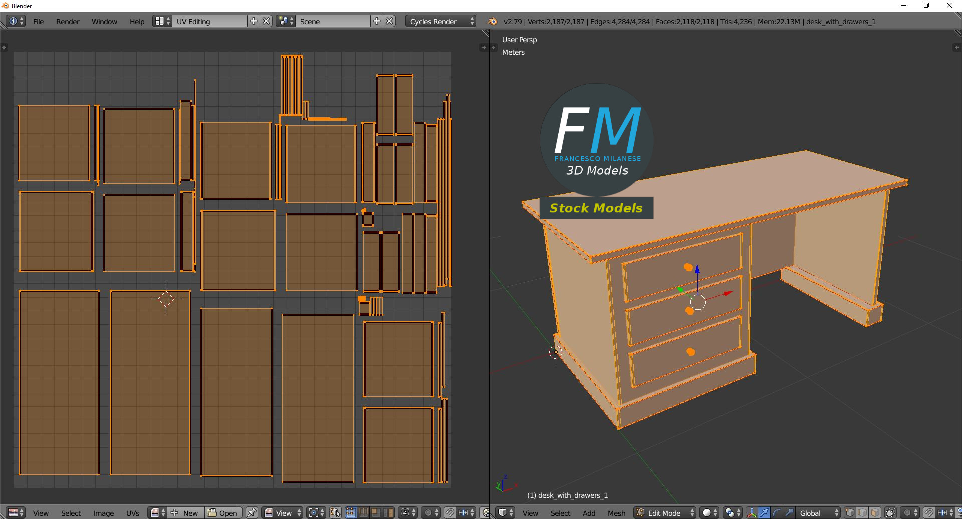 3D-Modell - Schreibtisch mit Schubladen - 10