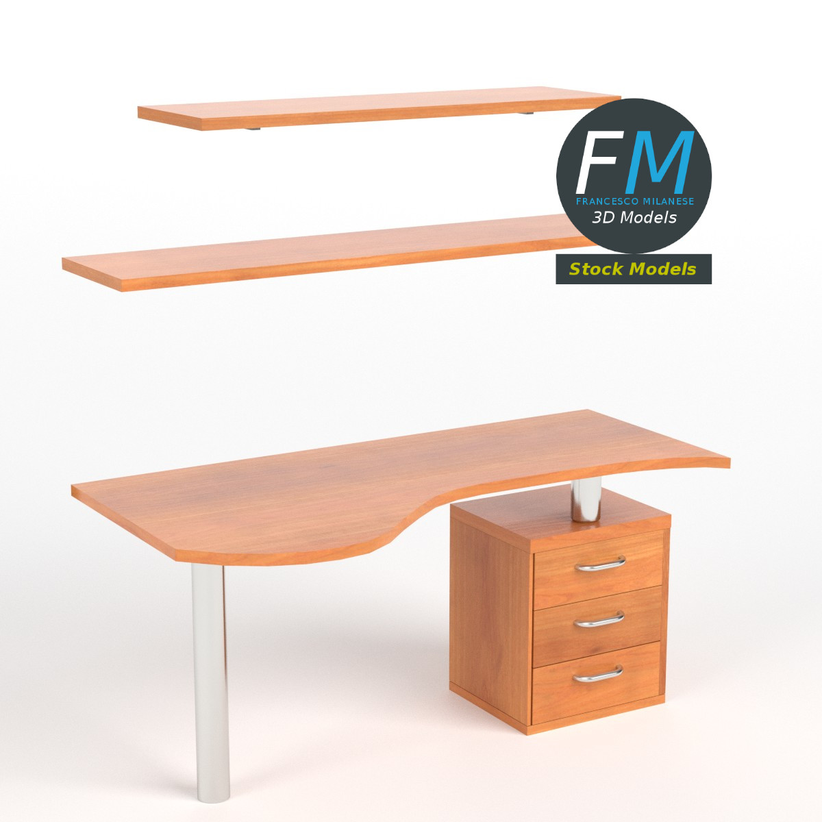 3D-Modell - Schreibtisch mit Schubladen und Regalböden - 01