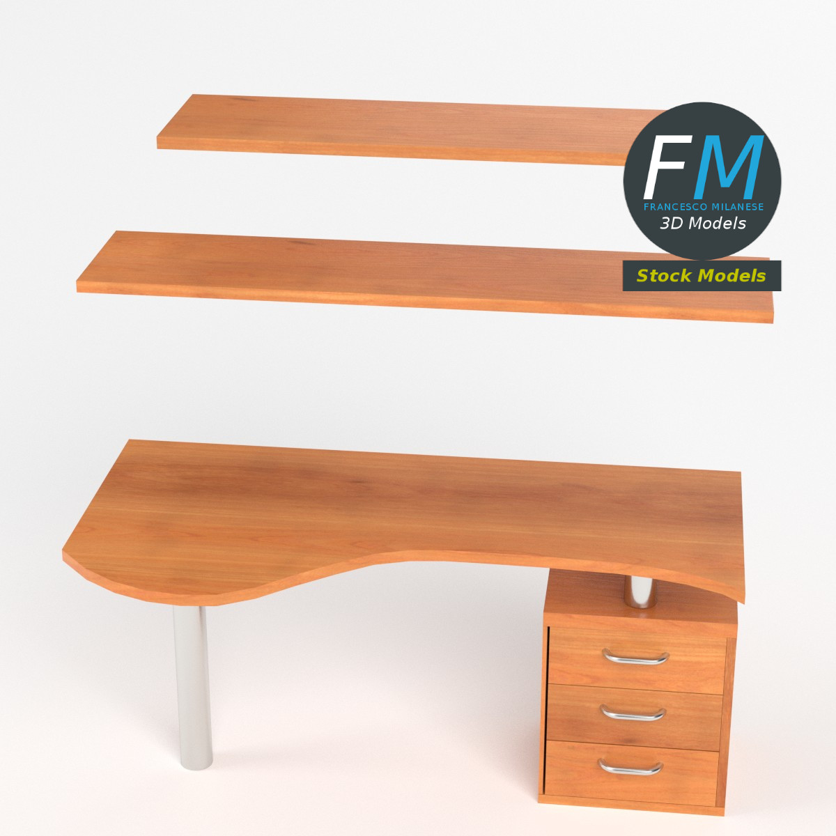 3D-Modell - Schreibtisch mit Schubladen und Regalböden - 02