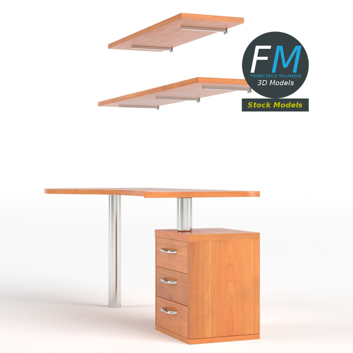 3D-Modell - Schreibtisch mit Schubladen und Regalböden - 04