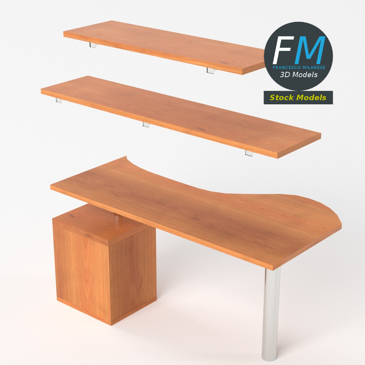 3D-Modell - Schreibtisch mit Schubladen und Regalböden - 05