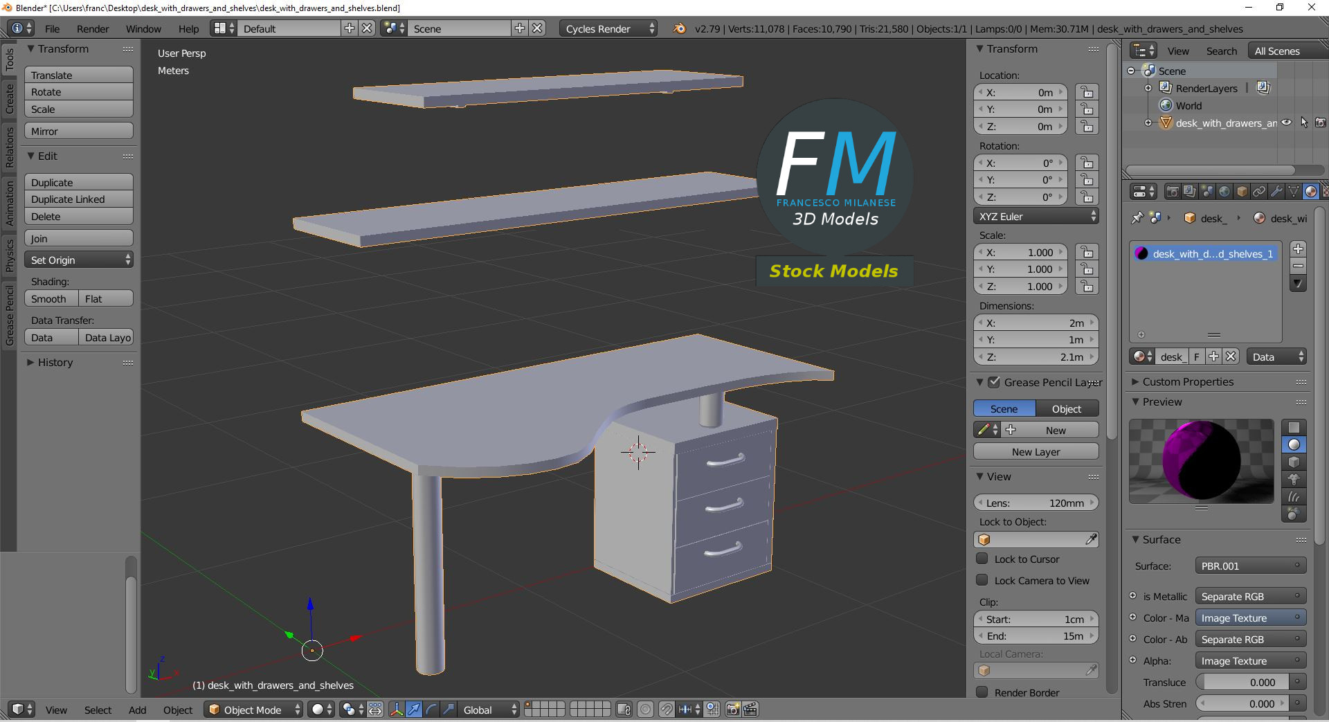 3D-Modell - Schreibtisch mit Schubladen und Regalböden - 09