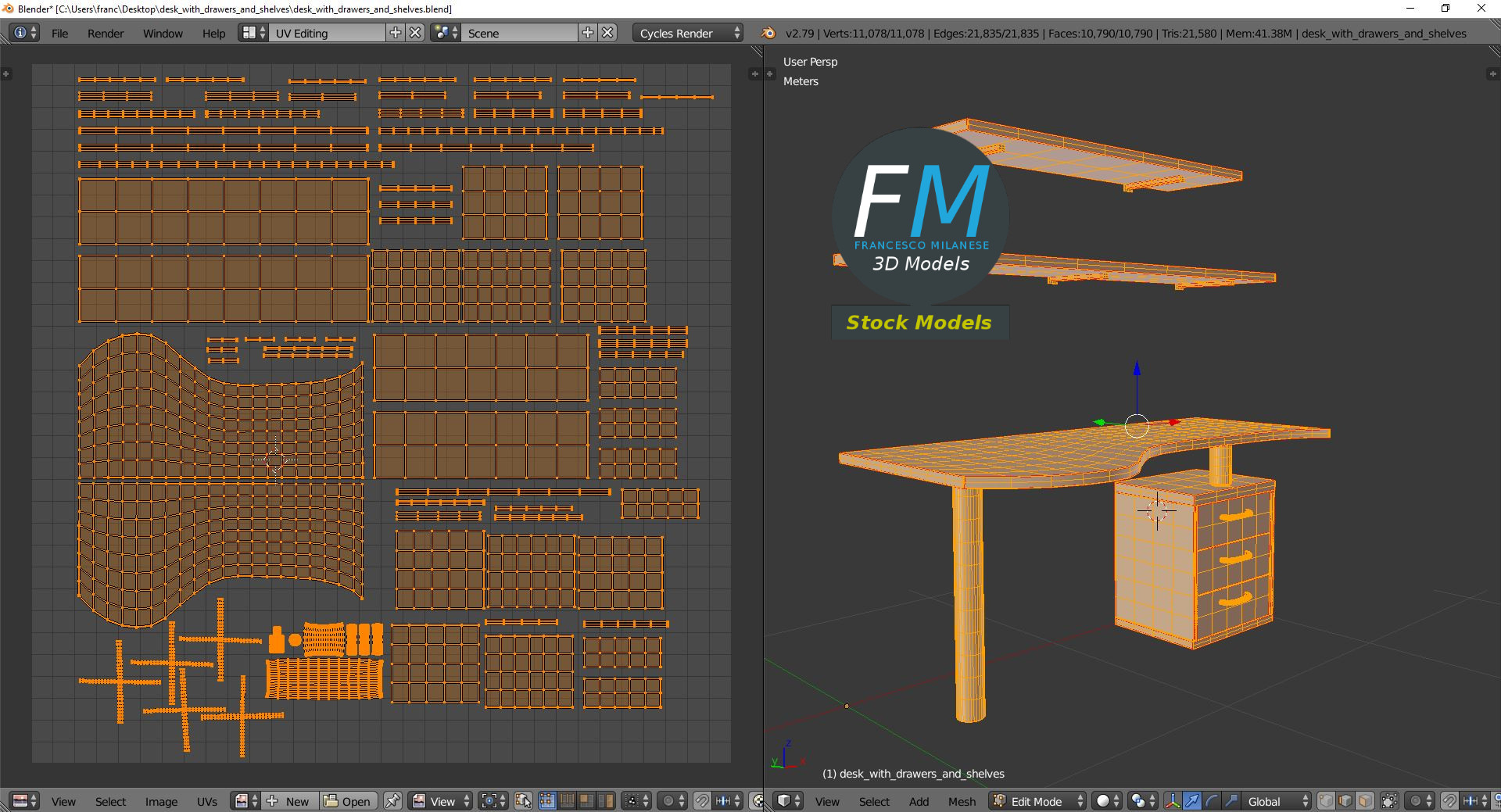 3D-Modell - Schreibtisch mit Schubladen und Regalböden - 10