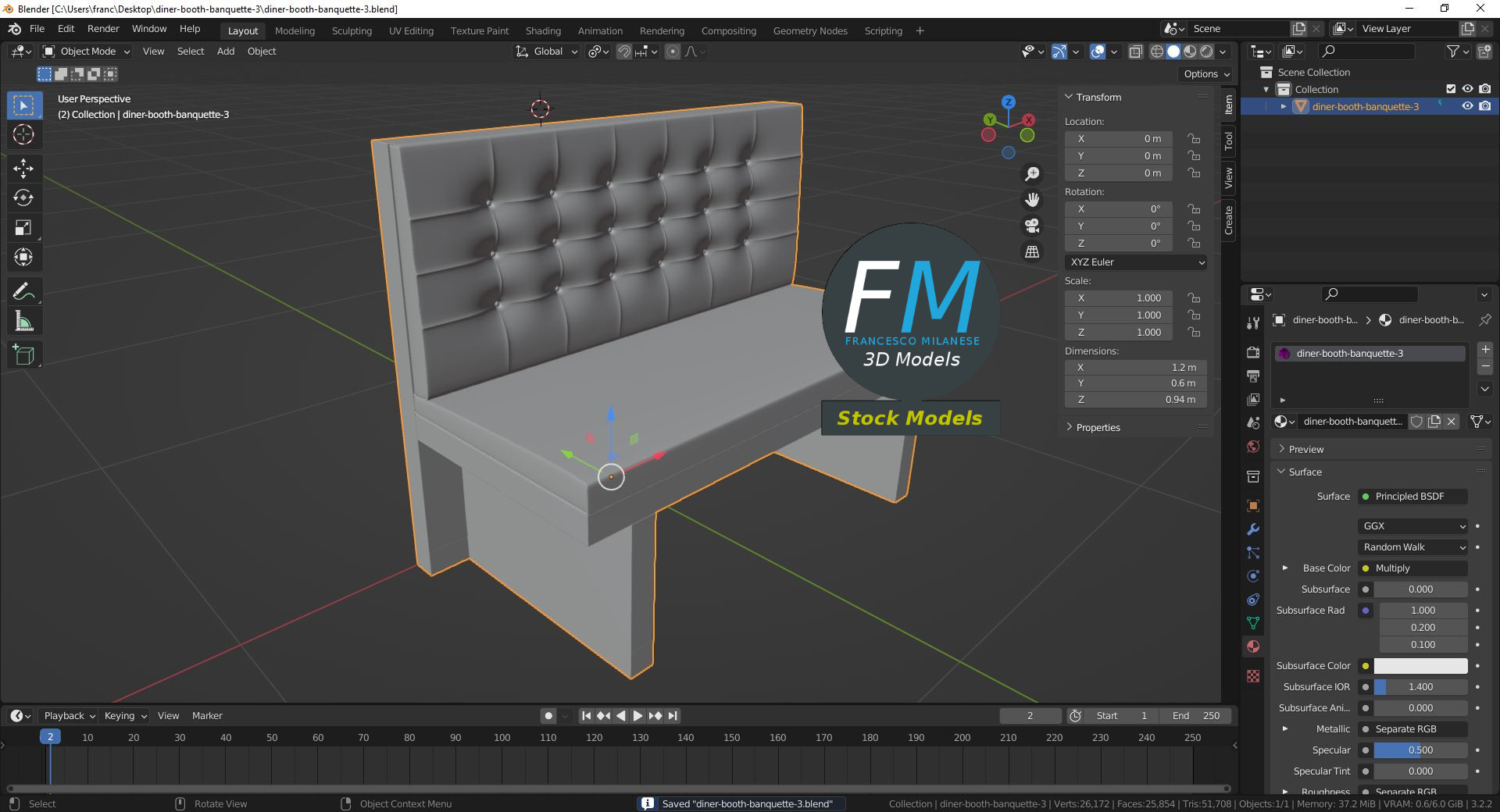 3D-Modell - Chesterfield-Diner-Sitzbank - 09