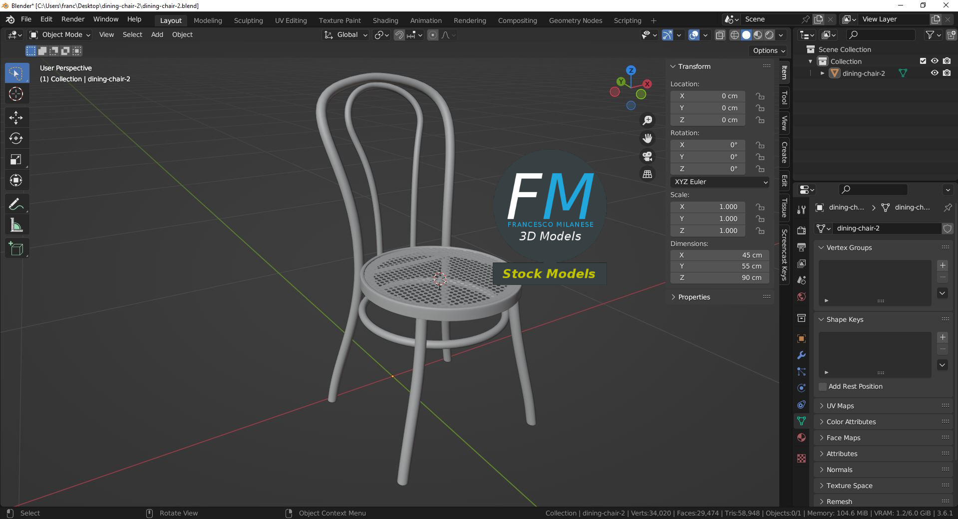 3D-Modell - Esszimmerstuhl mit Geflechtsitz - 09