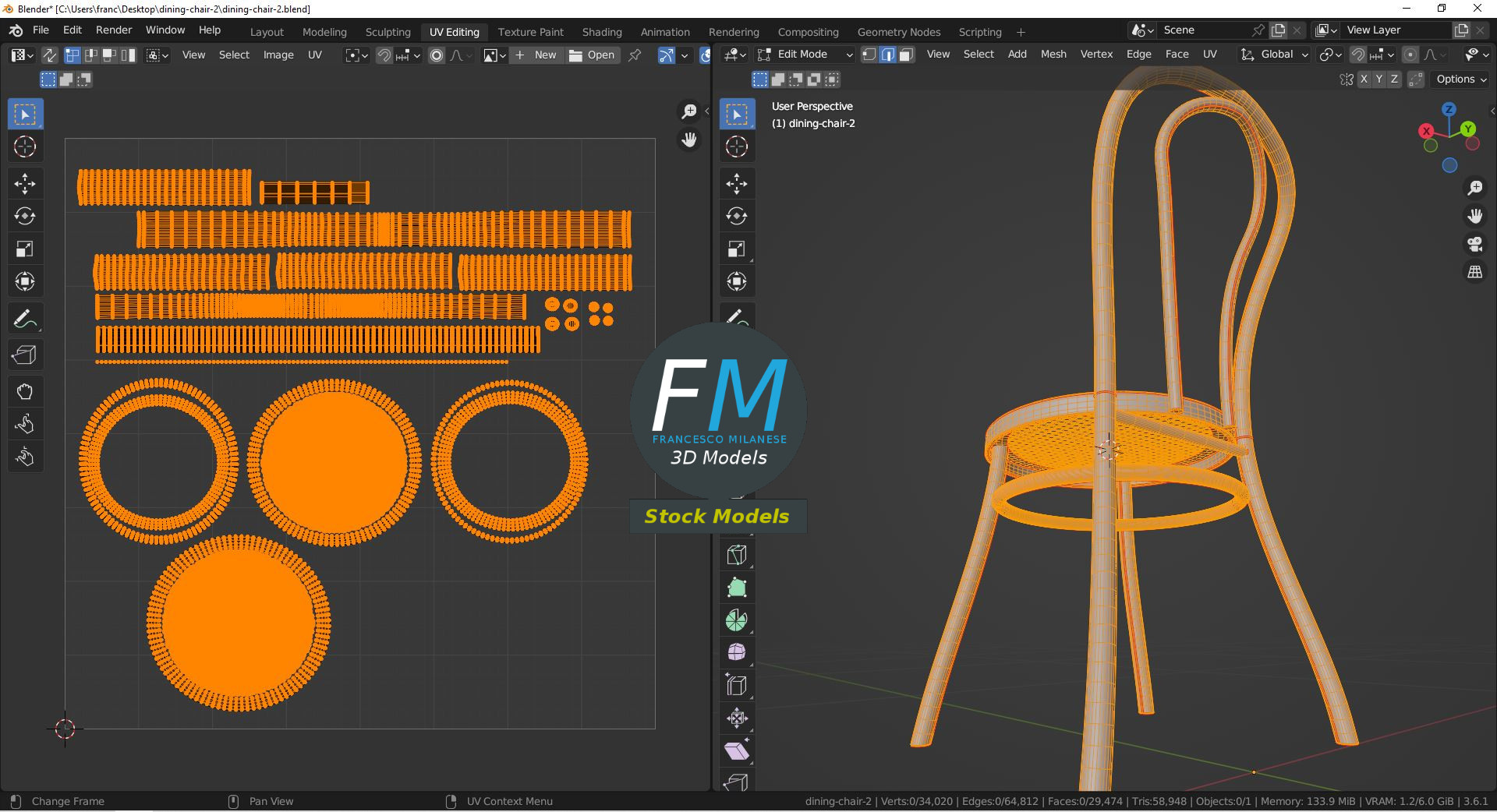 3D-Modell - Esszimmerstuhl mit Geflechtsitz - 10