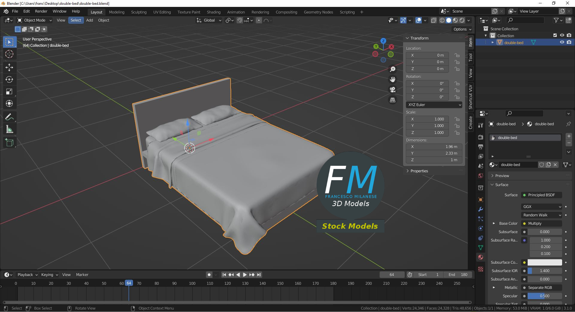 3D-Modell - Doppelbett - 09