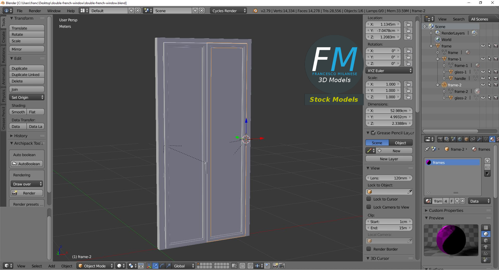 3D-Modell - Doppelte Französische Fenstertür - 09