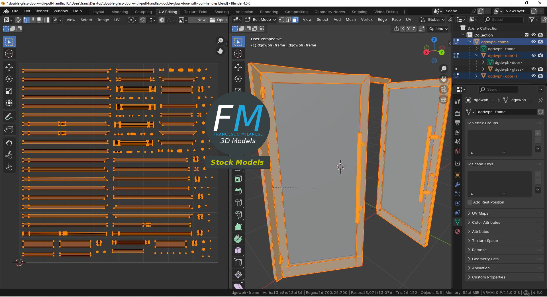 3D-Modell - Doppelte Glasgeschäftstür mit Stangengriffen - 10