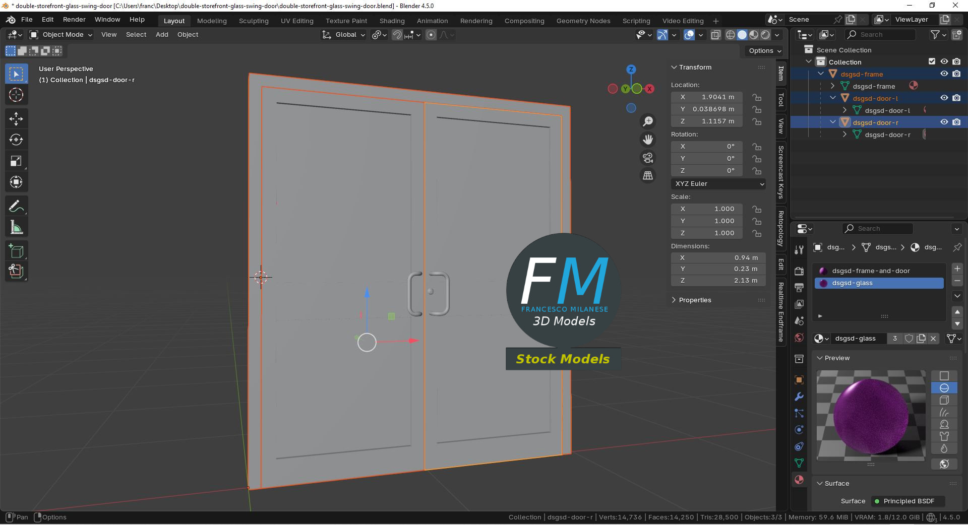 3D-Modell - Doppelte Schwingende Glasgeschäftstür - 09
