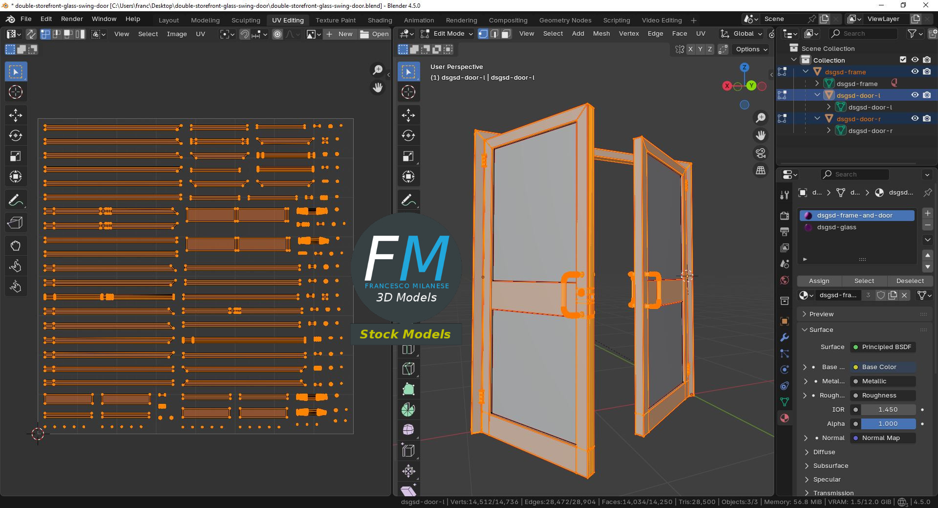 3D-Modell - Doppelte Schwingende Glasgeschäftstür - 10