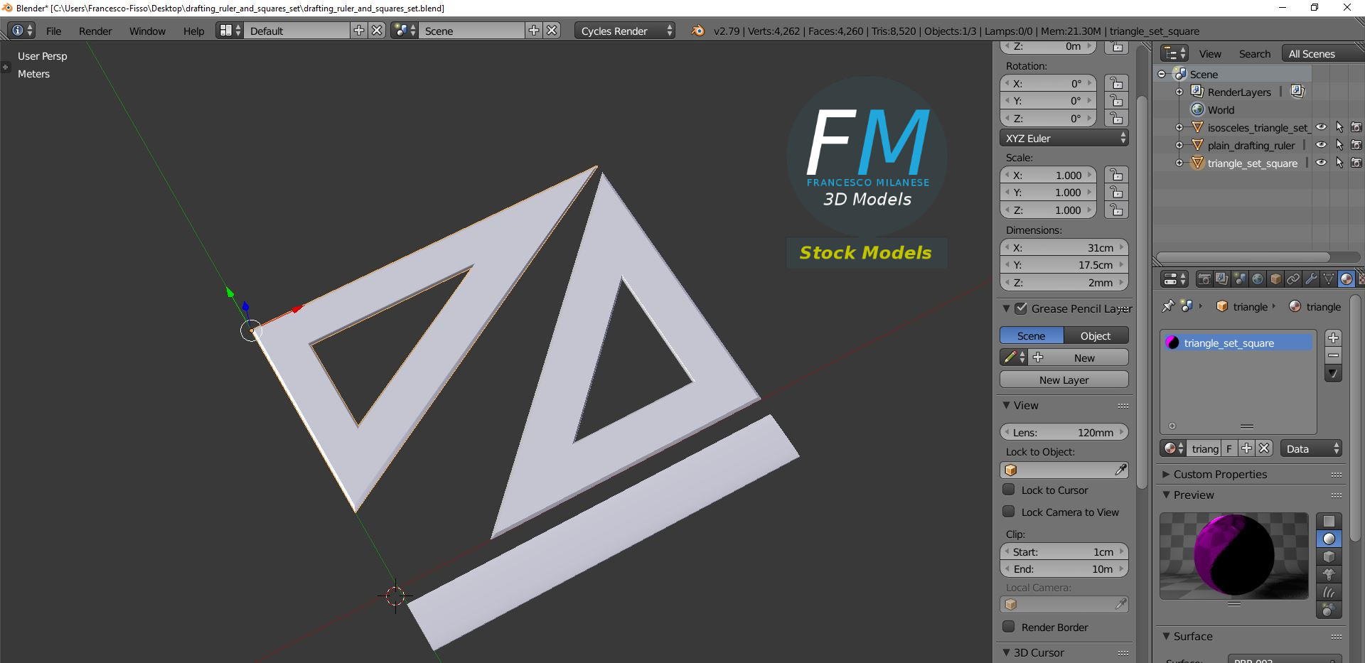 3D-Modell - Zeichenlineal und Geodreiecke - 09