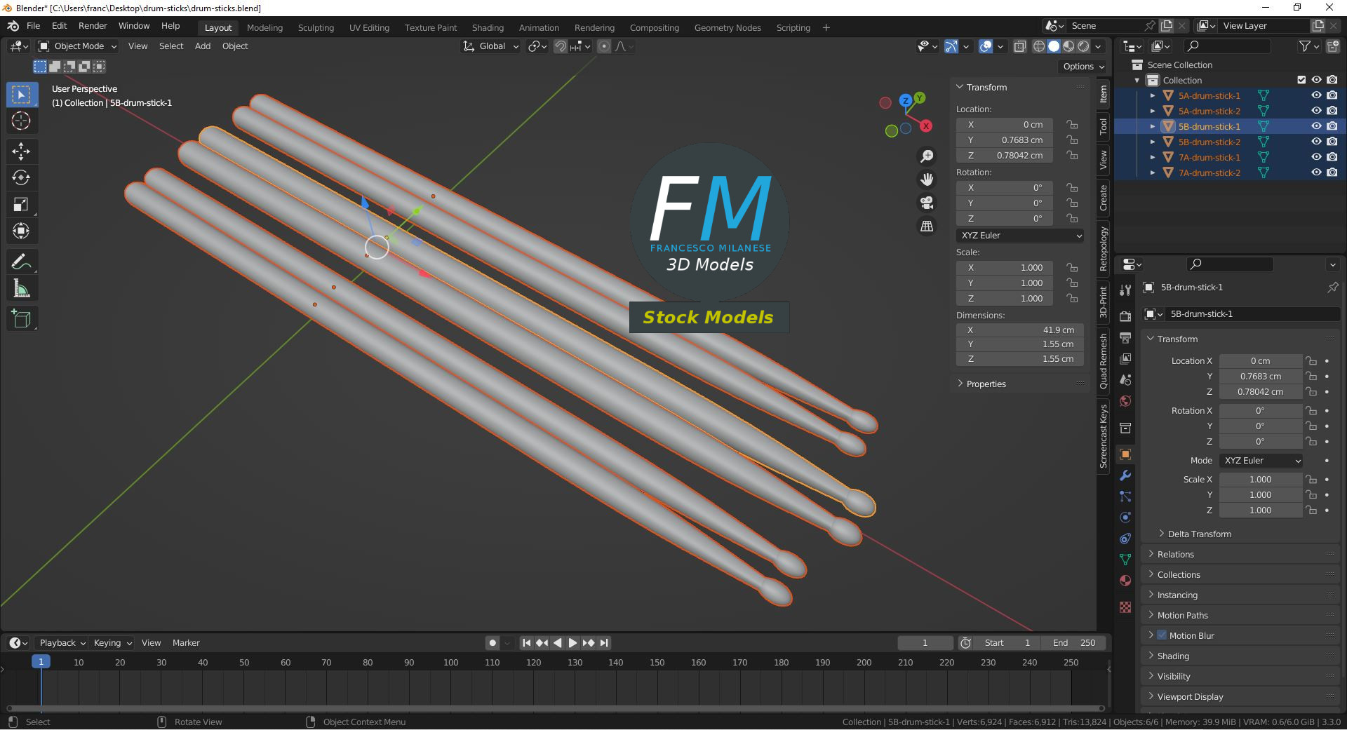 3D-Modell - Drumstick-Set 5A 5B und 7A - 09