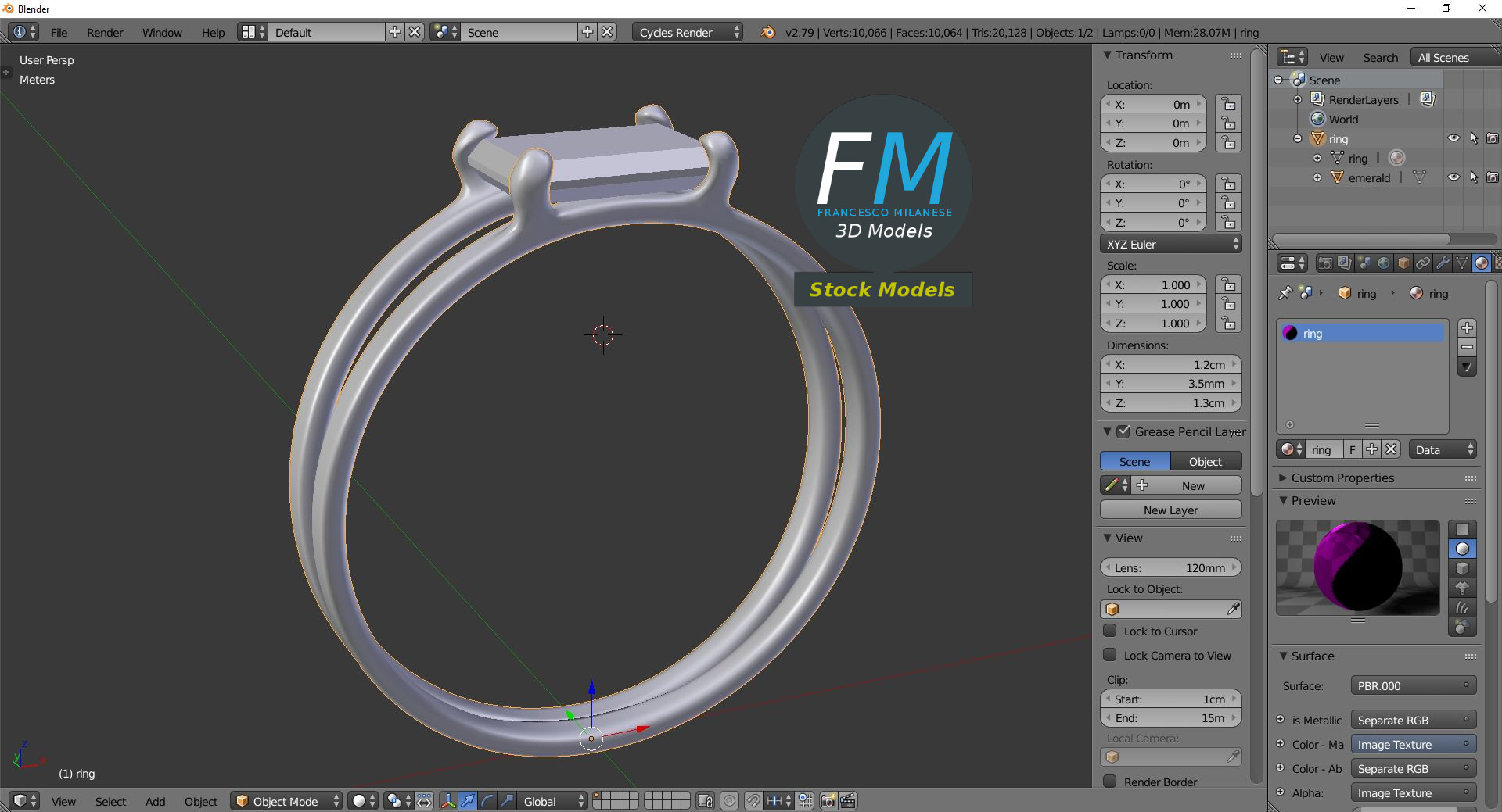 3D-Modell - Doppelring mit Smaragd - 09