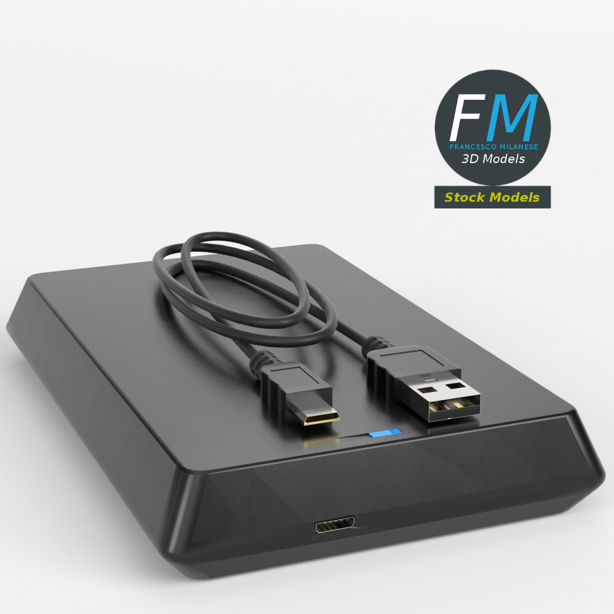 3D-Modell - Externe Festplatte mit Kabel - 01