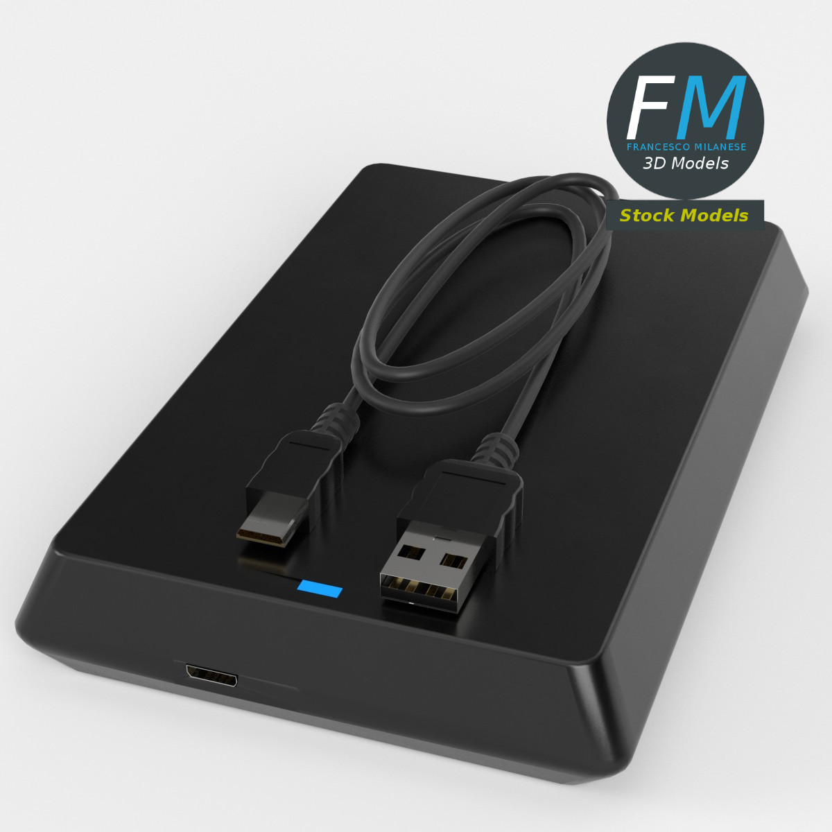3D-Modell - Externe Festplatte mit Kabel - 02