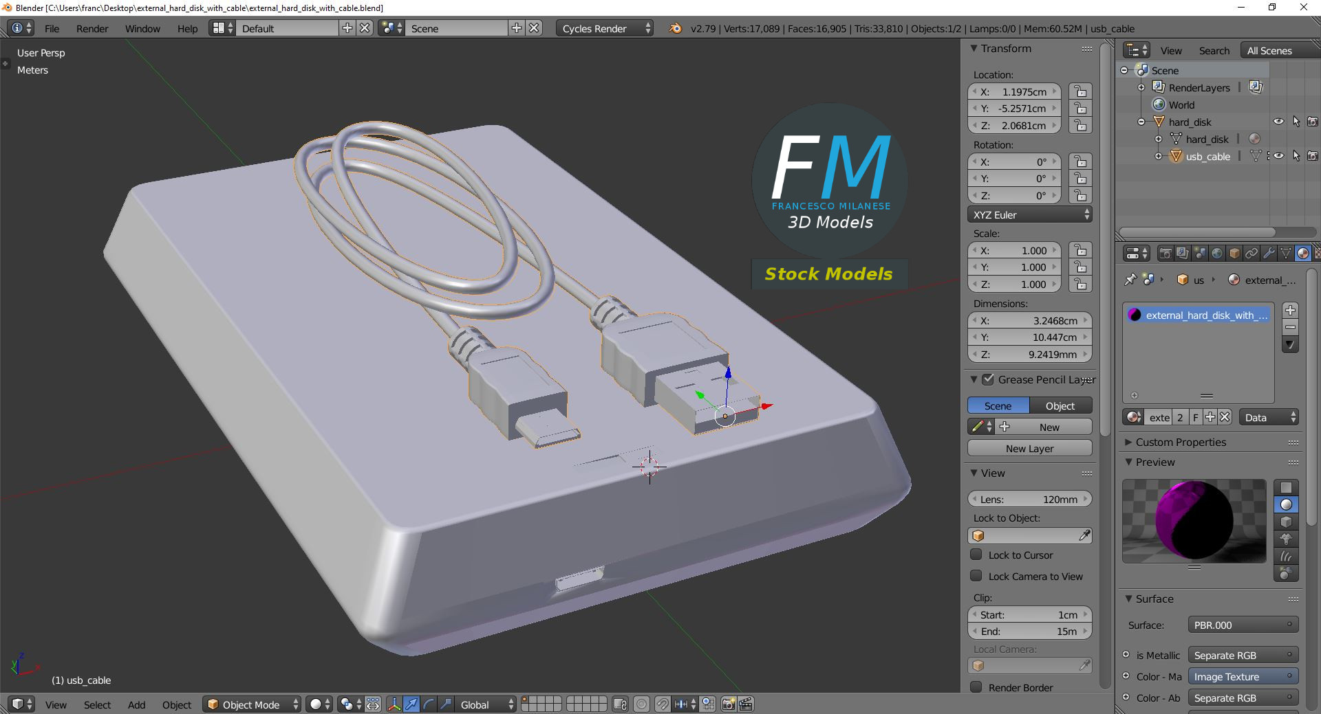 3D-Modell - Externe Festplatte mit Kabel - 09