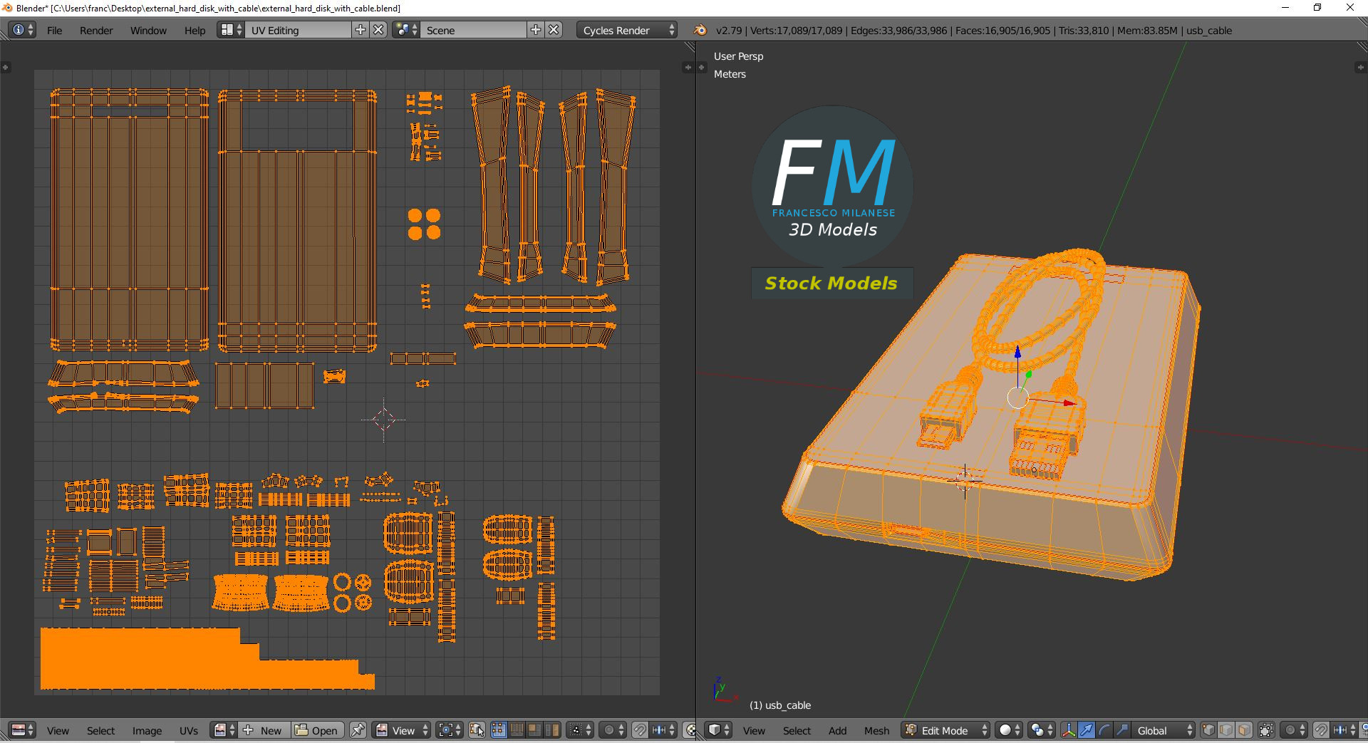 3D-Modell - Externe Festplatte mit Kabel - 10