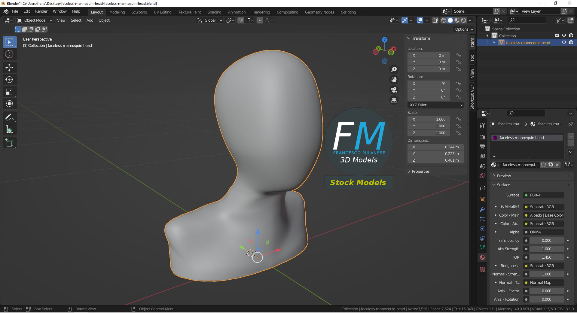 3D-Modell - Gesichtsloser Schaufensterpuppenkopf - 09