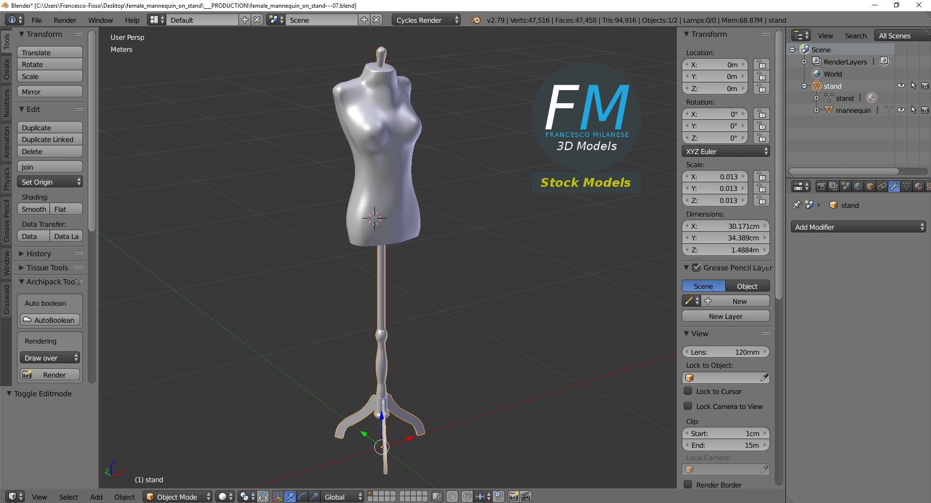 3D-Modell - Weibliche Schneiderpuppe auf Ständer - 09