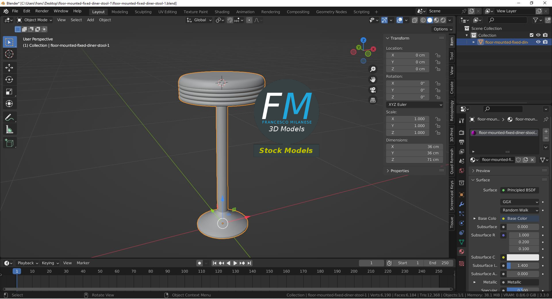 3D-Modell - Fest Montierter Dinerhocker - 09