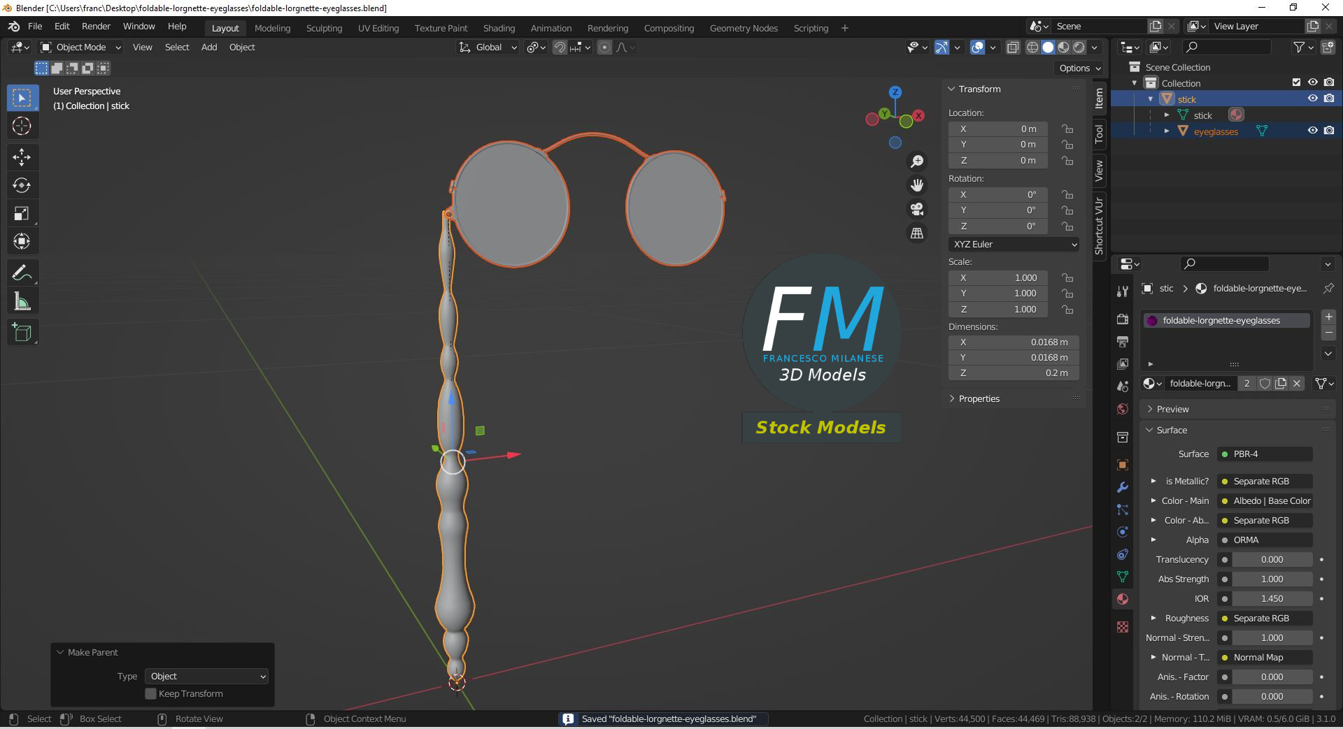 3D-Modell - Klappbare Lorgnette-Brille - 09