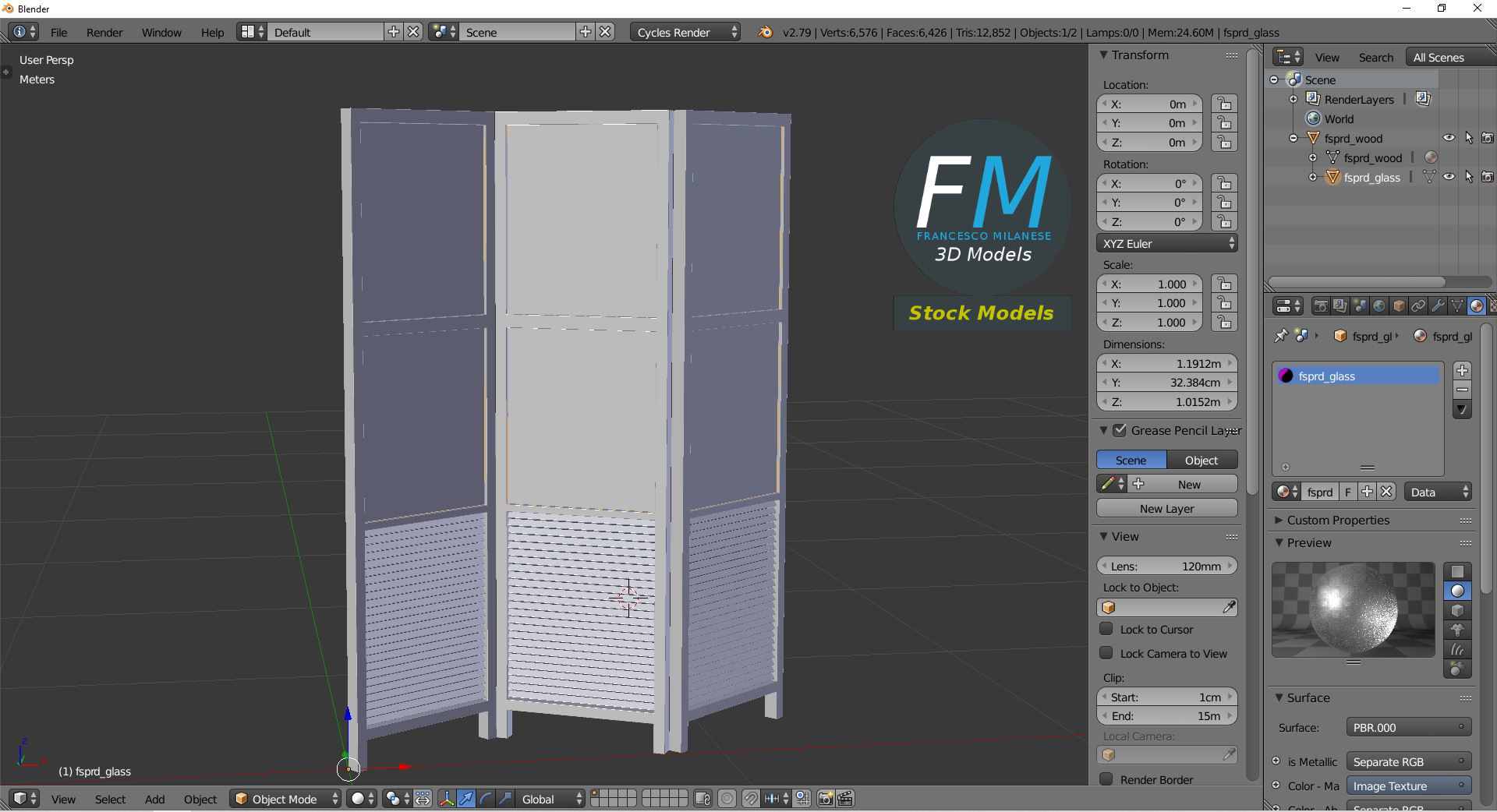 3D-Modell - Dreiteiliger Paravent - 09