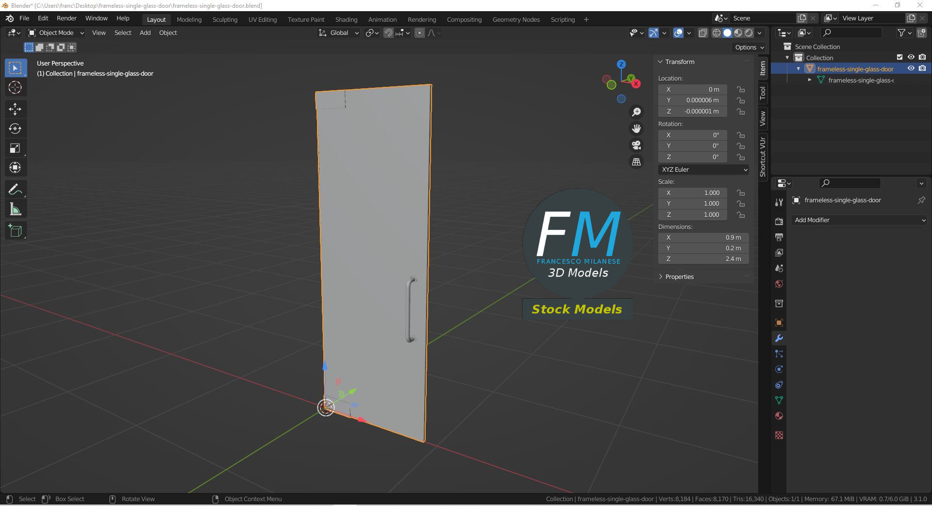 3D-Modell - Rahmenlose Einzelne Glastür - 09