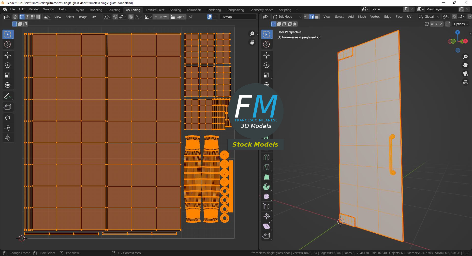 3D-Modell - Rahmenlose Einzelne Glastür - 10