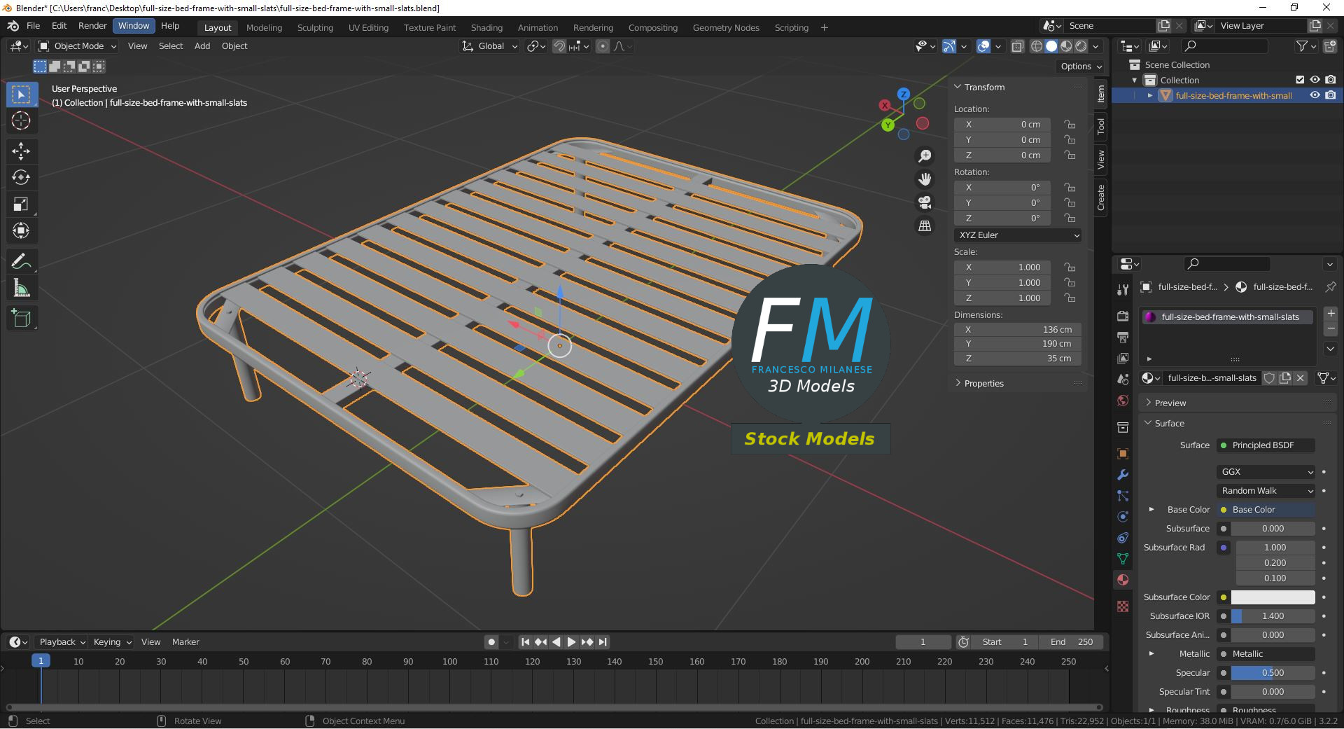 3D-Modell - Doppelbettgestell mit Schmalen Latten - 09