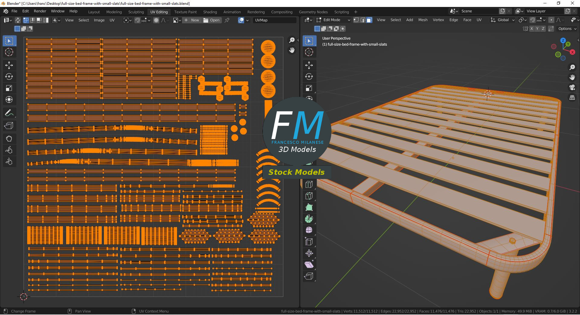 3D-Modell - Doppelbettgestell mit Schmalen Latten - 10