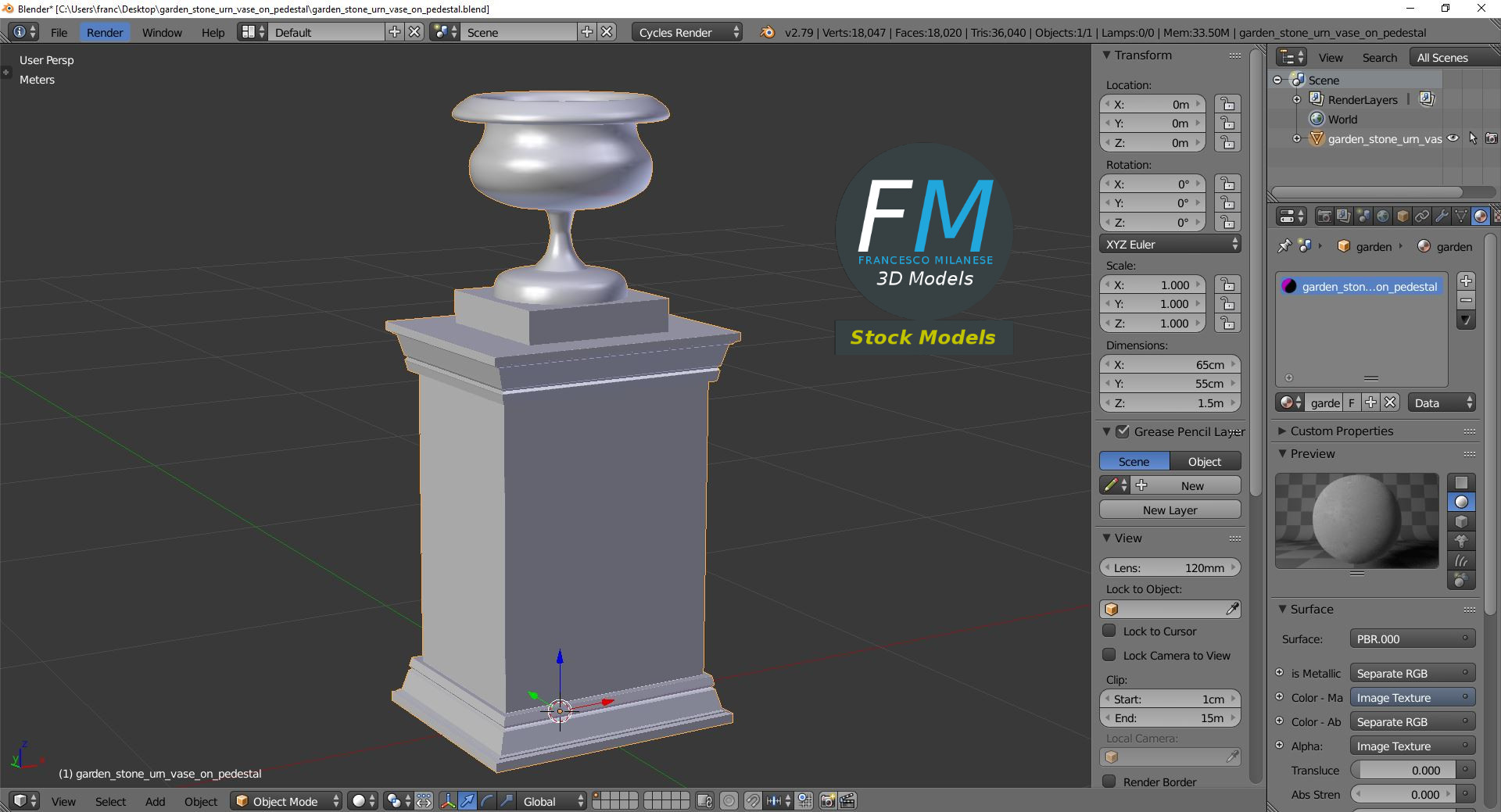 3D-Modell - Steinurne für den Garten auf Sockel - 09