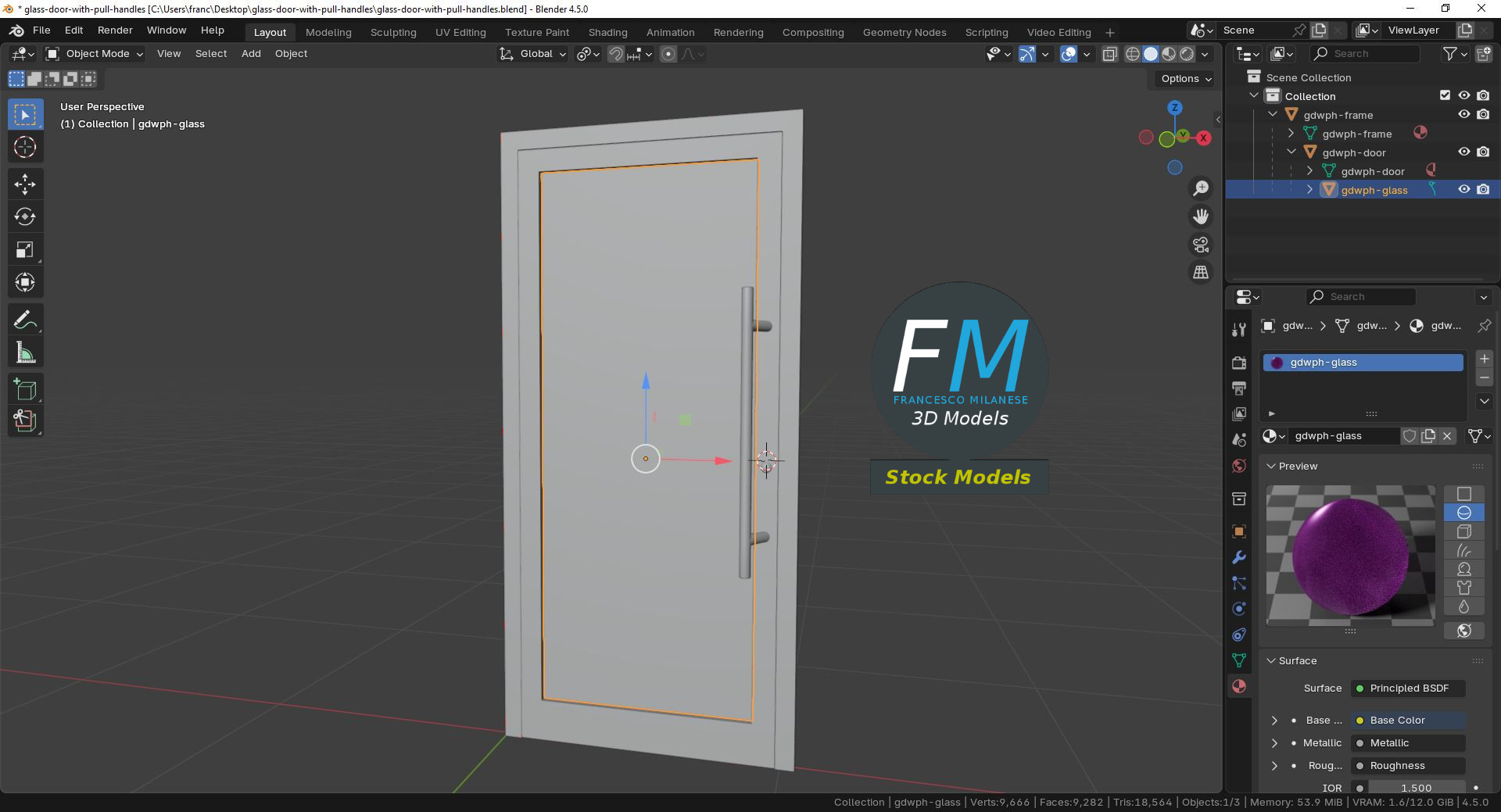 3D-Modell - Glastür mit Stoßgriffen - 09