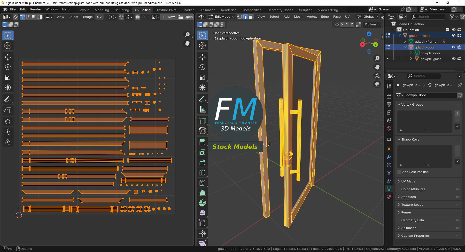 3D-Modell - Glastür mit Stoßgriffen - 10