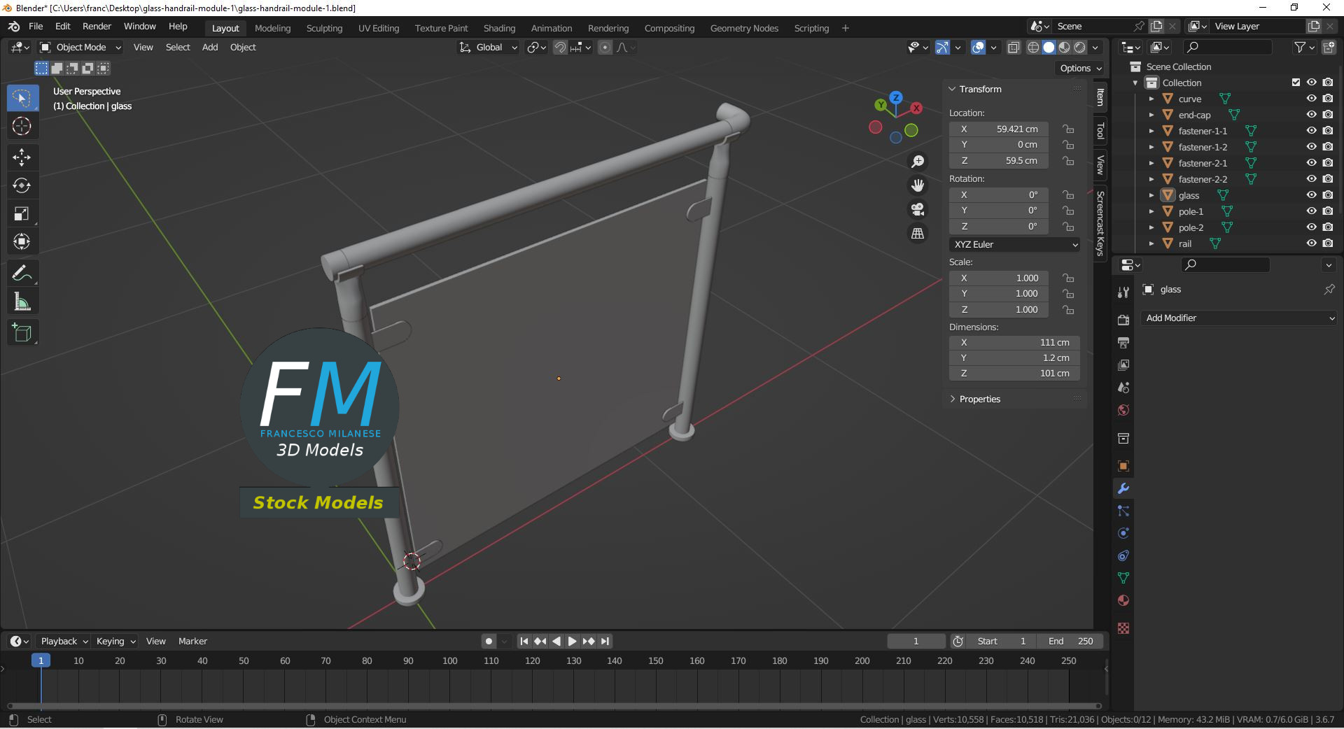 3D-Modell - Glasgeländer-Modul - 09