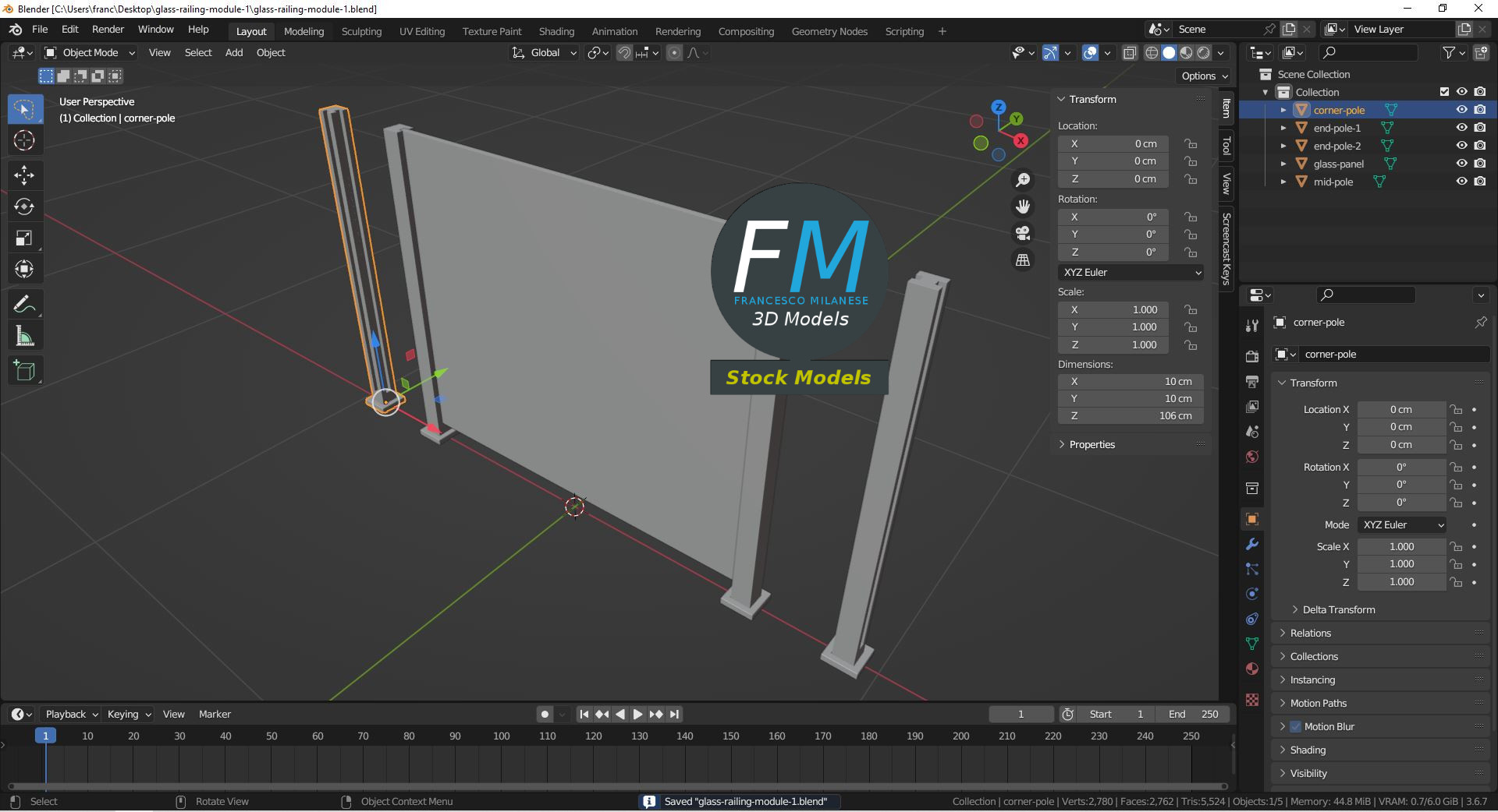 3D-Modell - Glasgeländer-Modul - 09