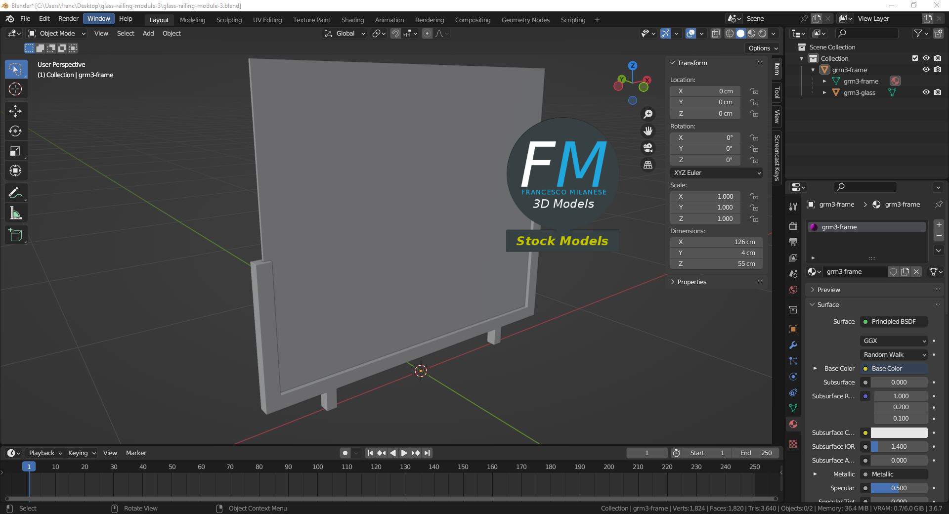 3D-Modell - Glasgeländer-Modul - 09