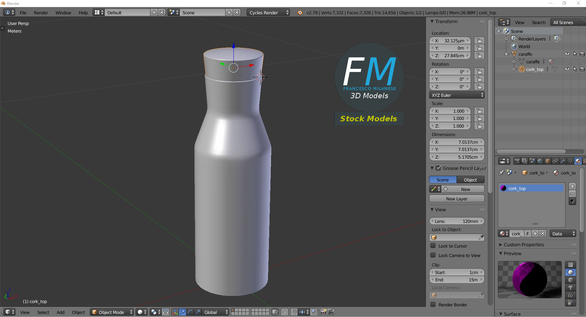 3D-Modell - Glaskaraffe mit Korkverschluss - 09